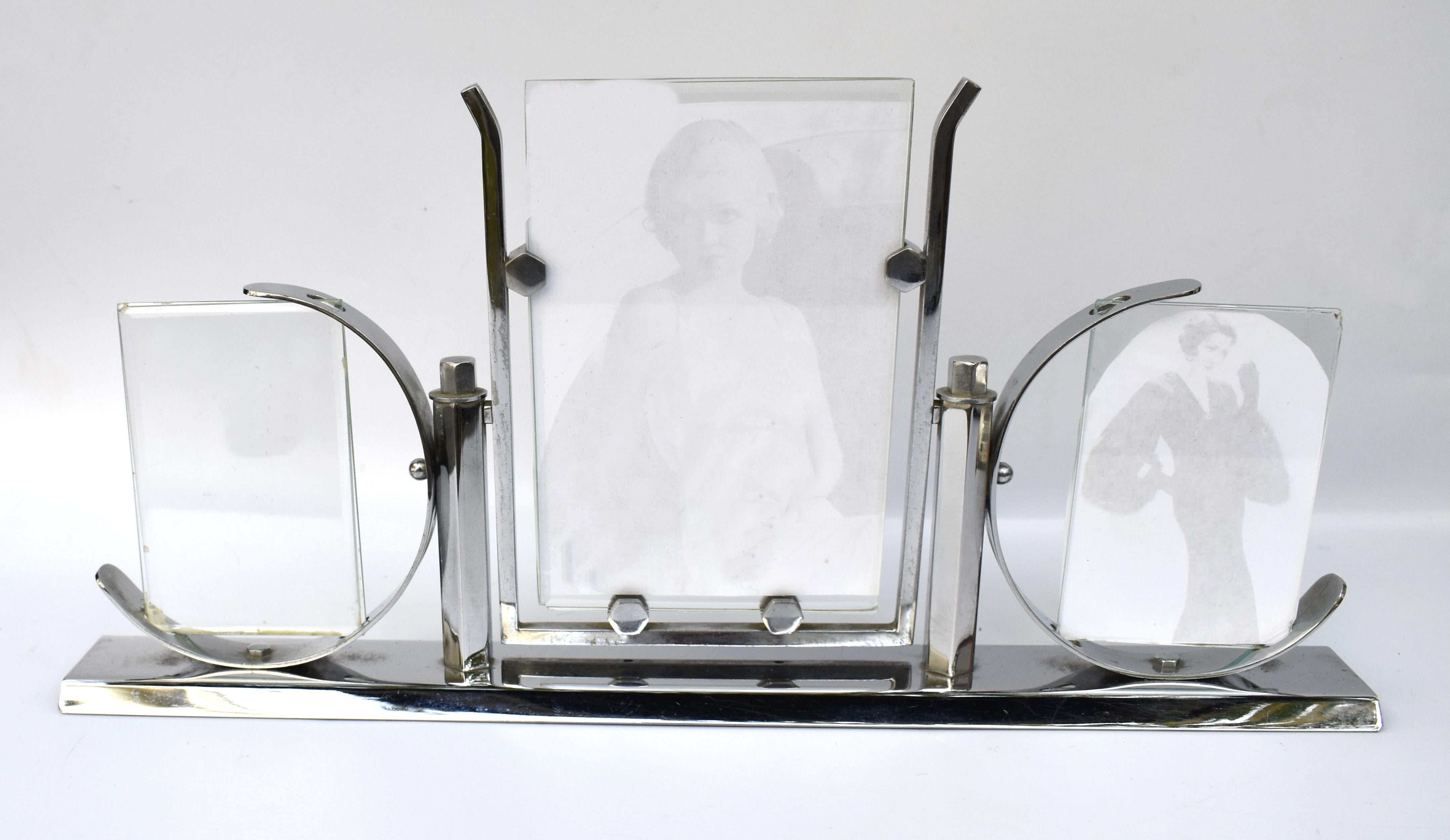 Art Deco Modernist Chrome Triple Picture Frame, c1930's 4