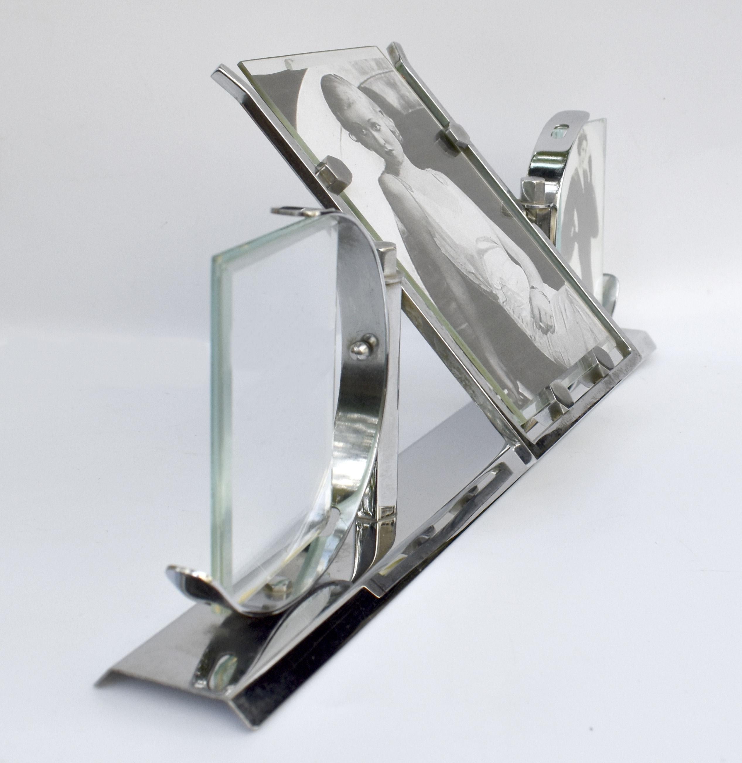 French Art Deco Modernist Chrome Triple Picture Frame, c1930's