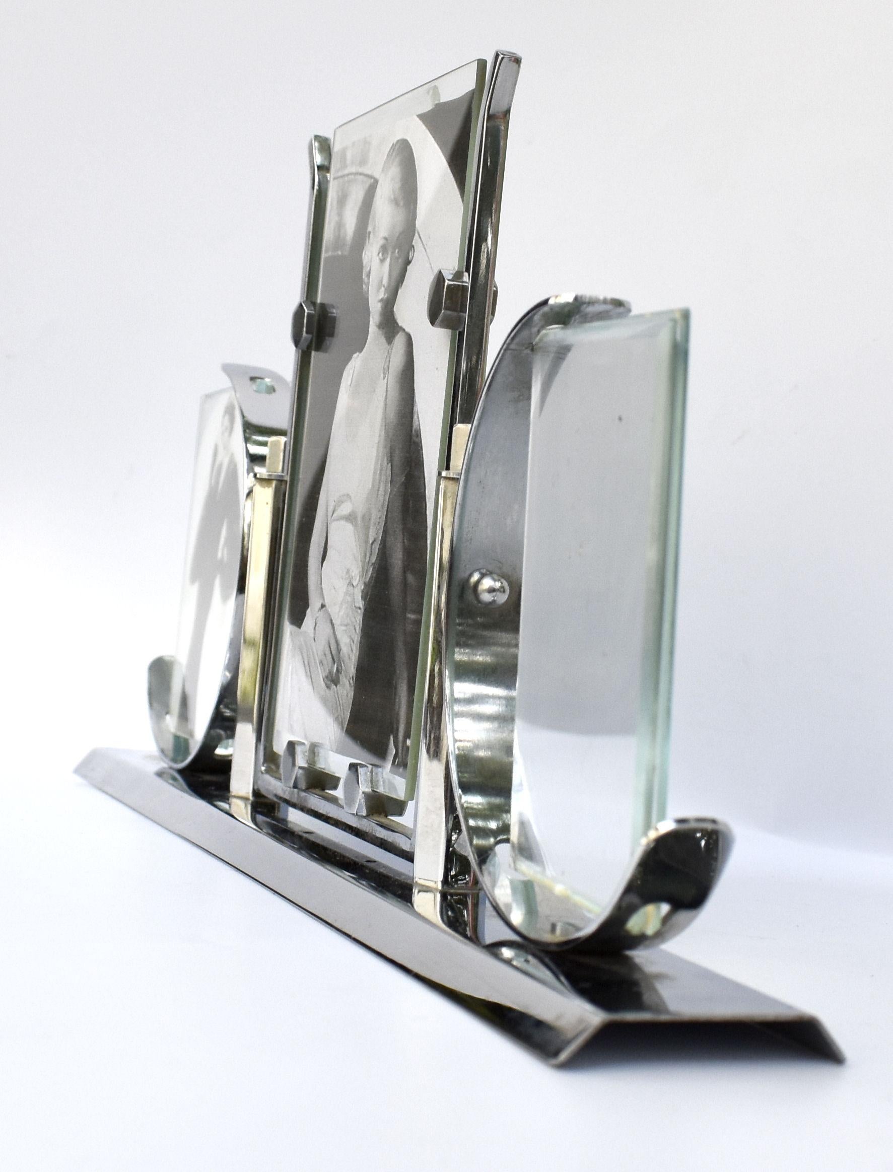 20th Century Art Deco Modernist Chrome Triple Picture Frame, c1930's