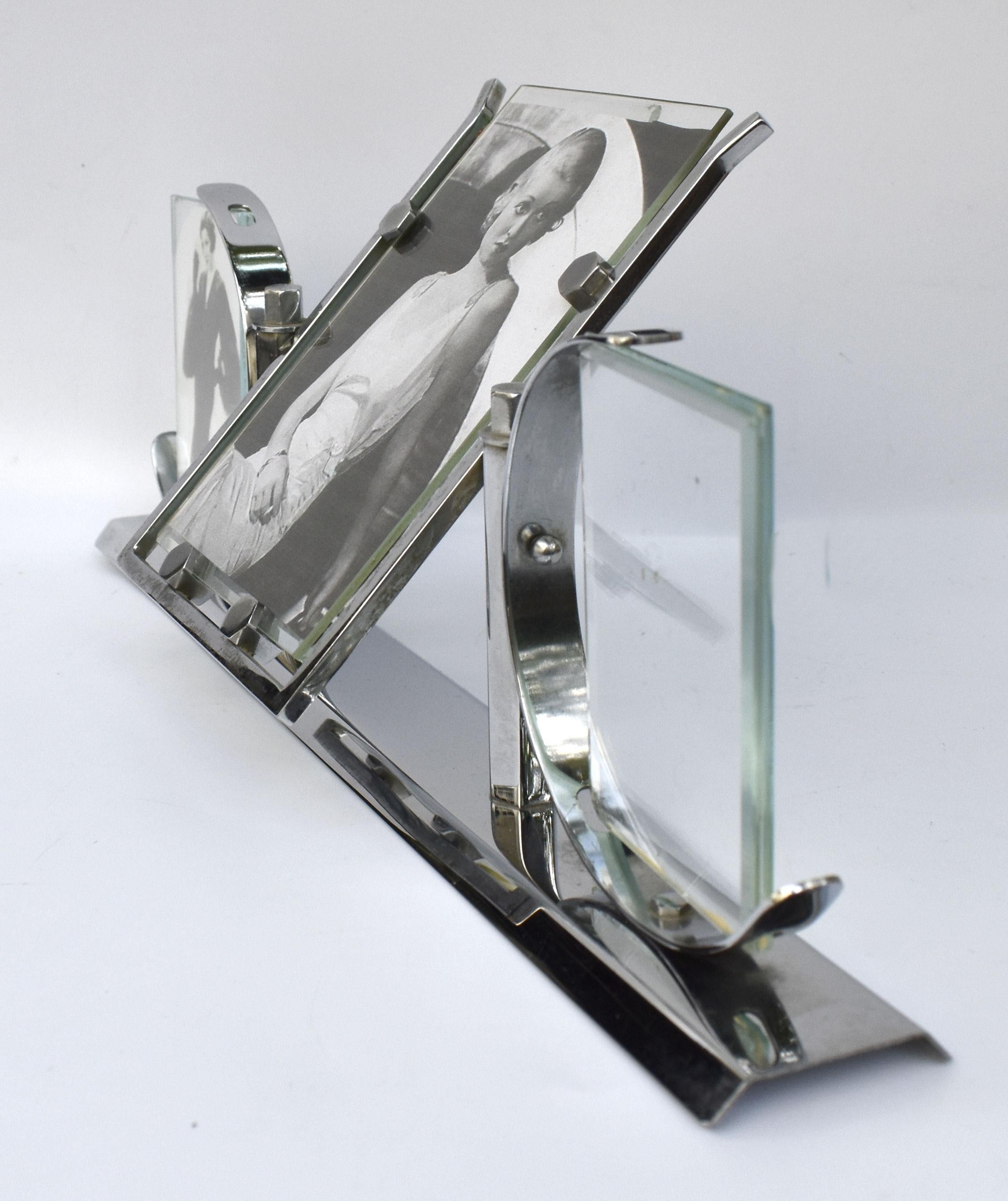 Art Deco Modernist Chrome Triple Picture Frame, c1930's 3