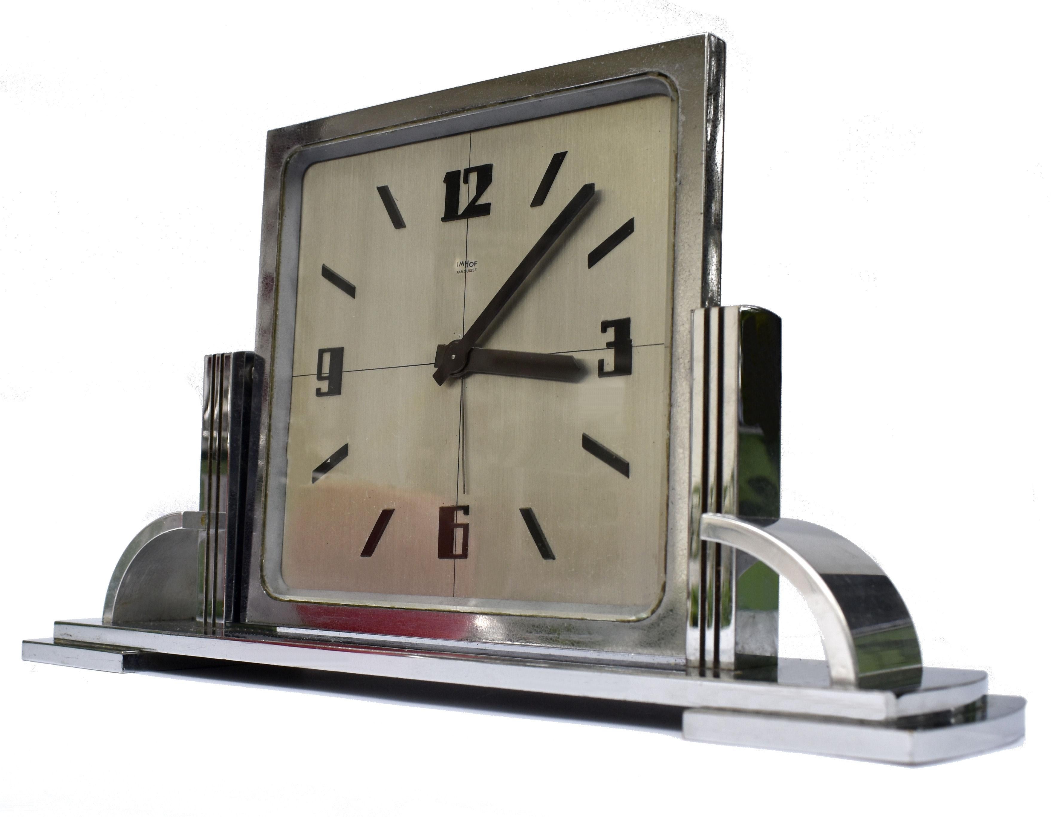 Art Deco Modernist Clock By Imhof, Swiss, c1930 3