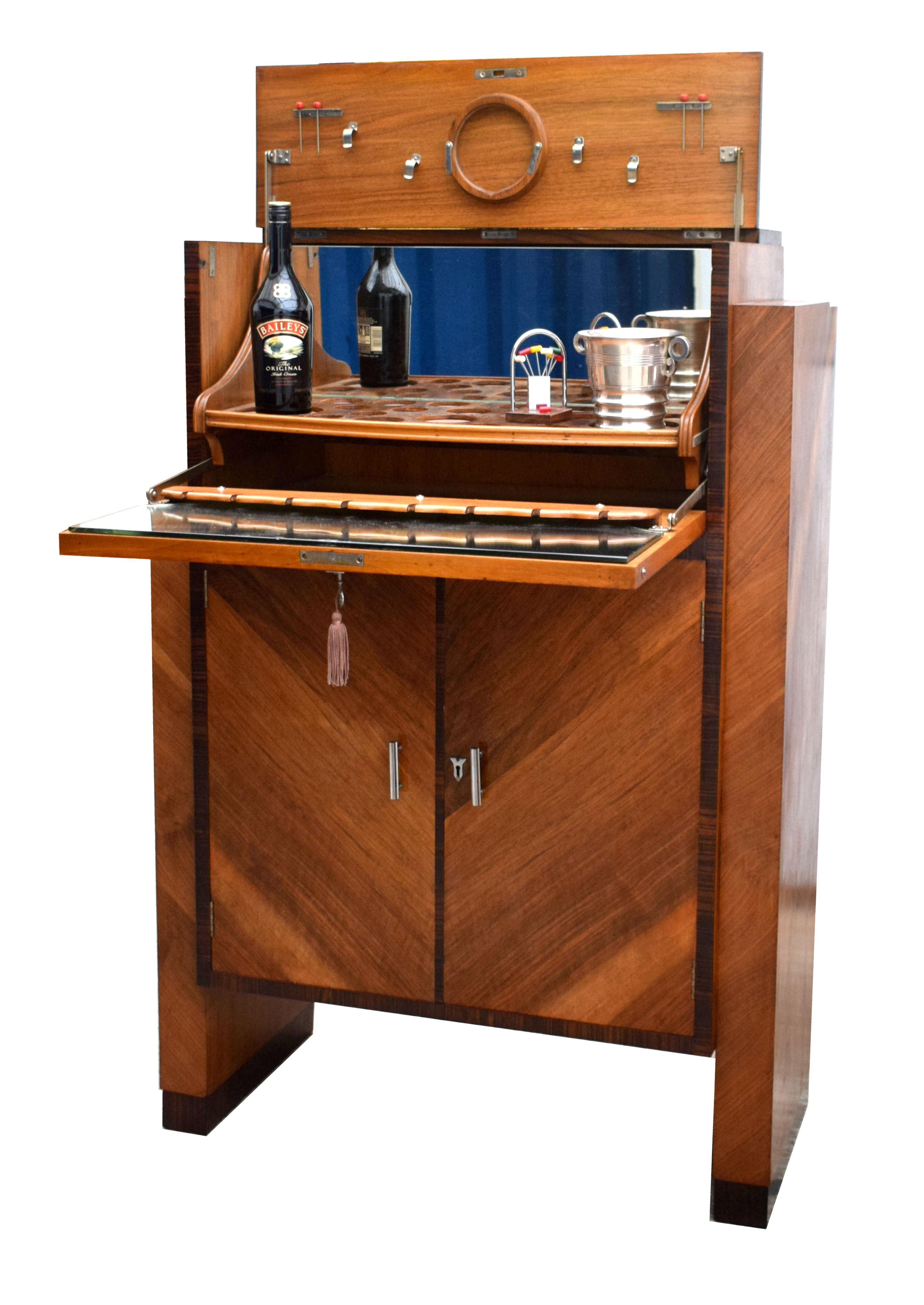 English Art Deco Modernist Cocktail Cabinet, Dry Bar in Walnut & Macassar Ebony