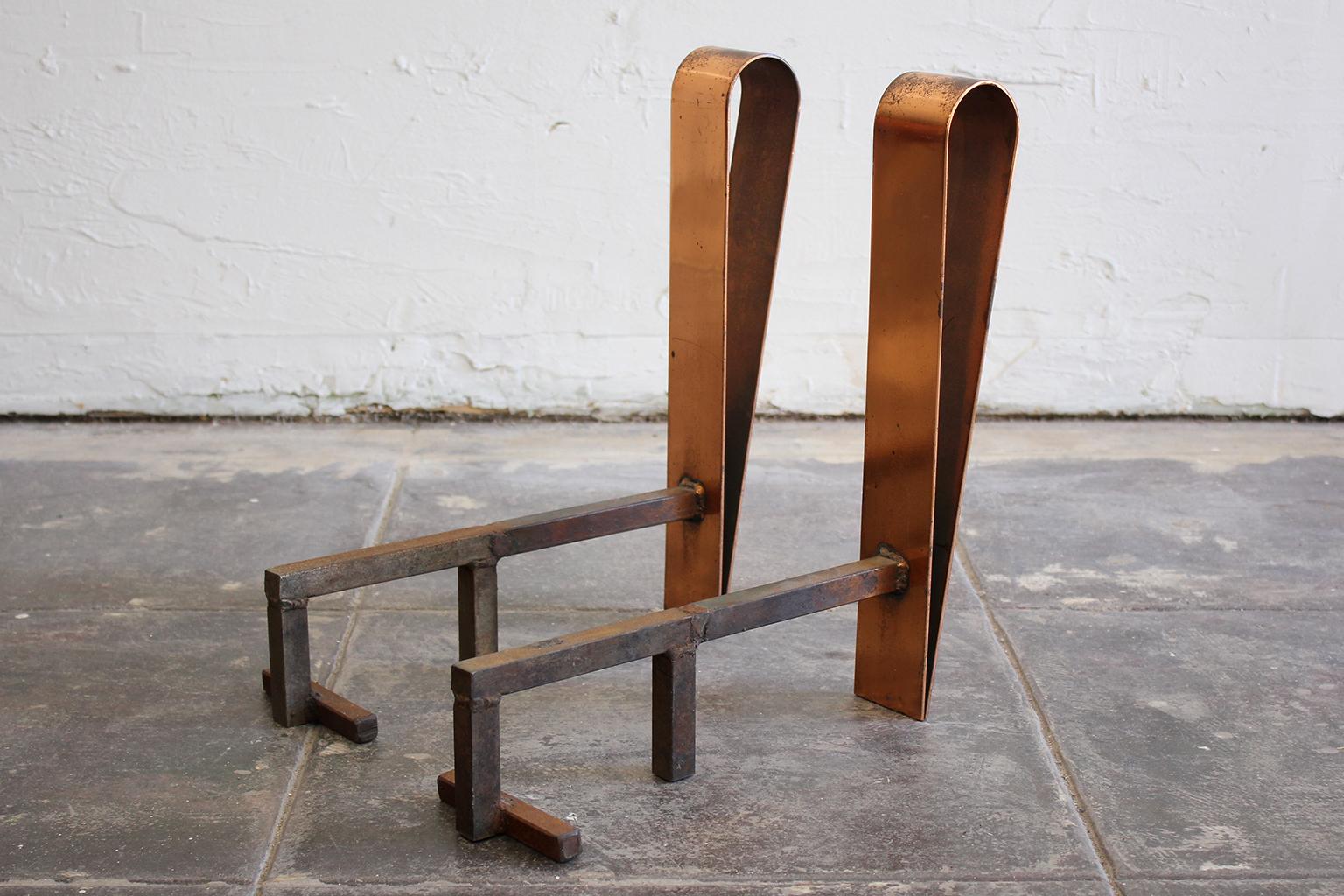 Art Deco/Modernist Copper & Cast Iron Andirons in the Manner of Donald Deskey In Good Condition In San Diego, CA