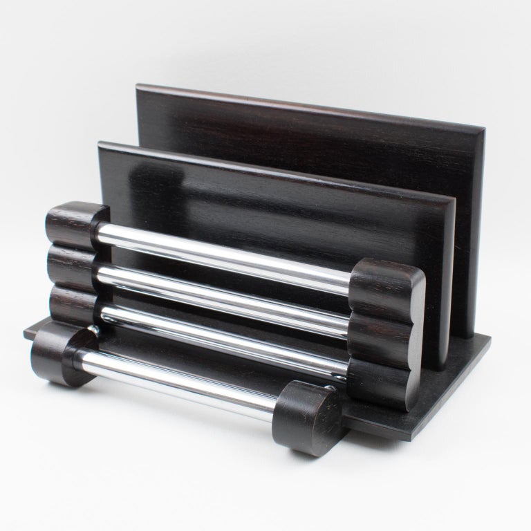 Art Deco Modernist Dark Wood And Chrome Desk Accessory Letter Holder