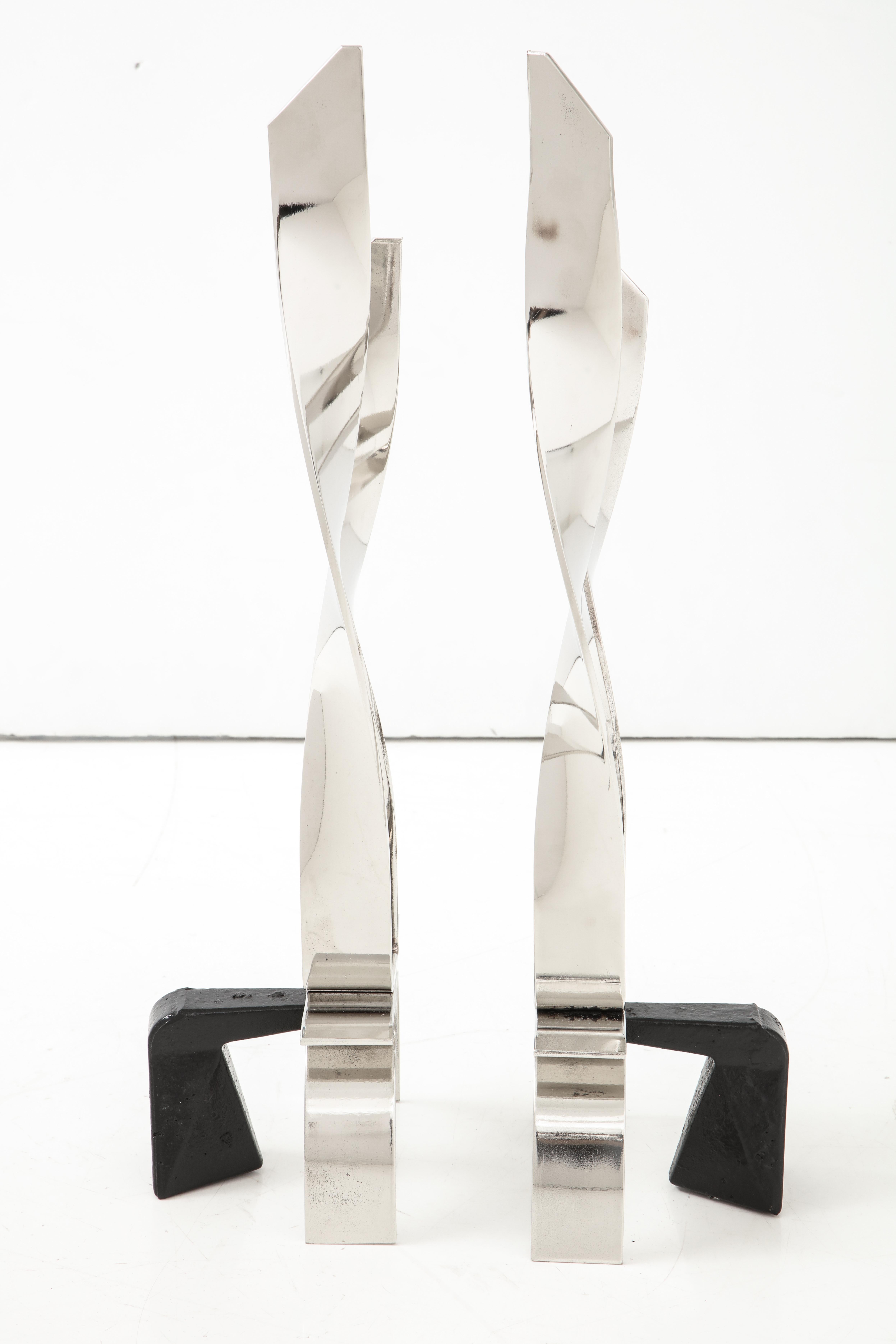 Nickel Art Deco, Modernist Flat Bar Helix Andirons in vendita