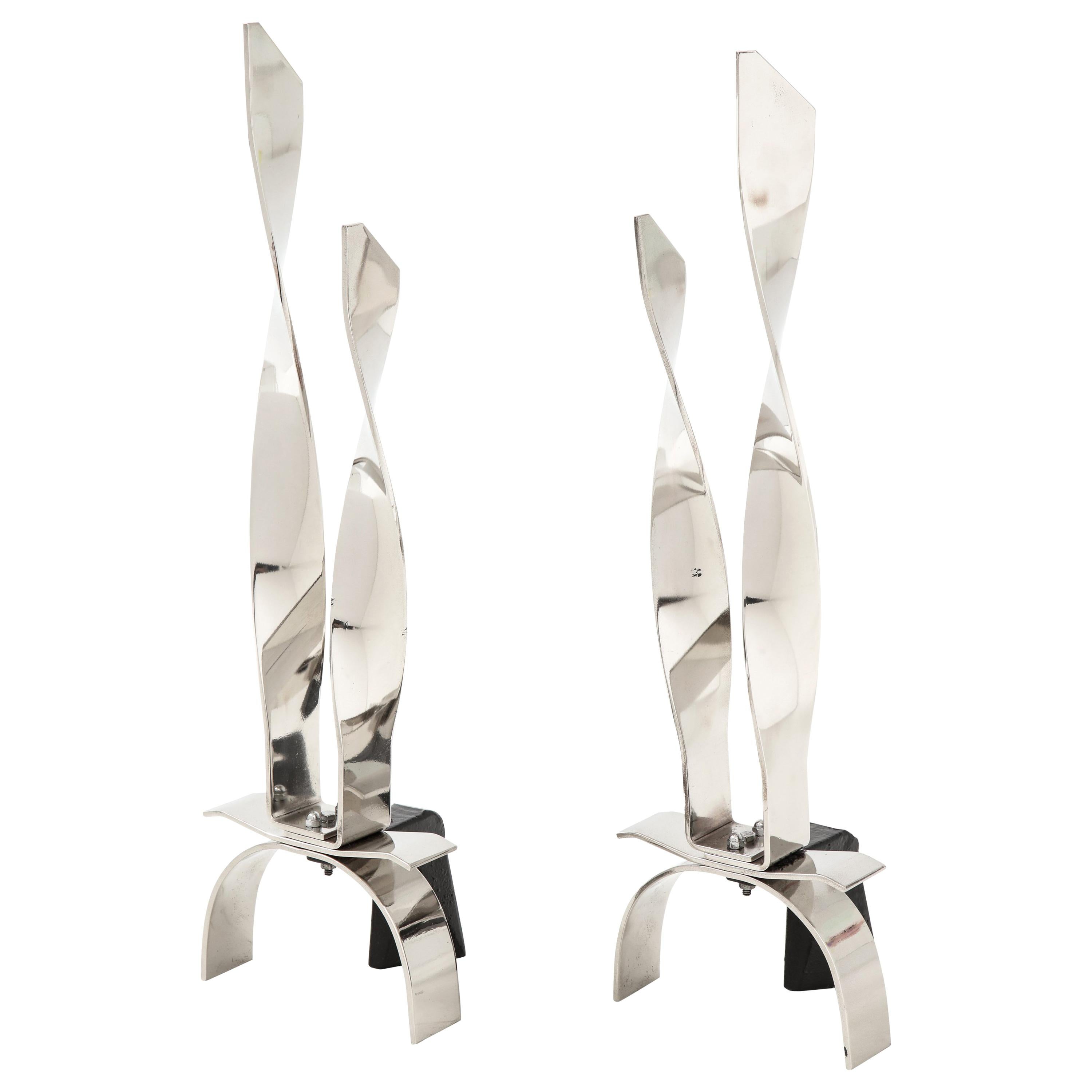 Art Deco, Modernist Flat Bar Helix Andirons