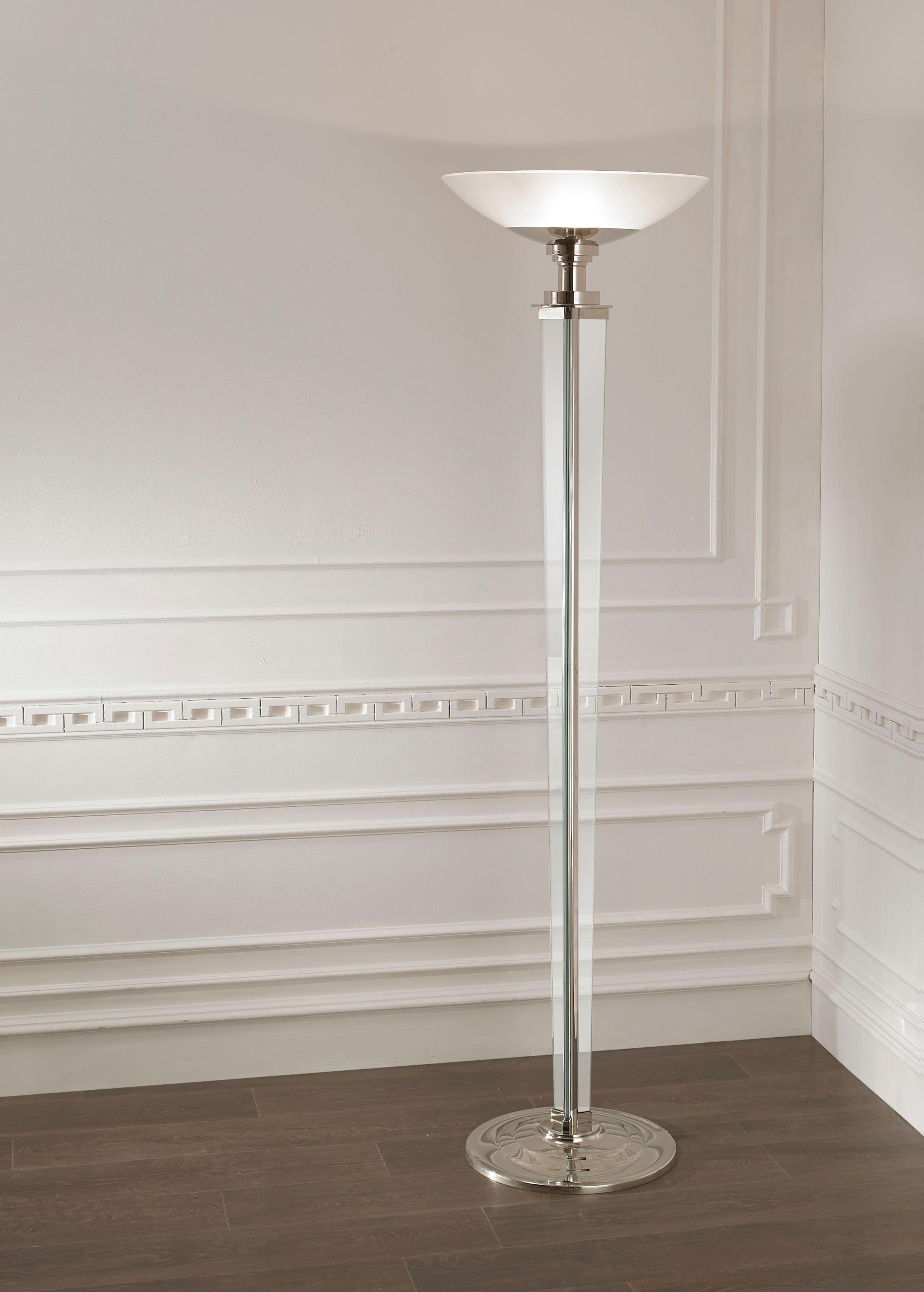 Bronze and Glass Art Deco Floor Lamp can be proposed with nickel finish, Gold finish or old bronze.