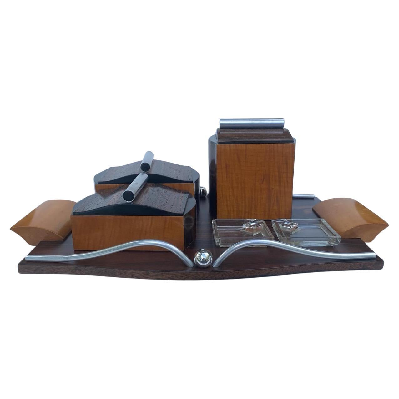 This is what we call desk eye candy! For those who desire something of the highest quality and design and that oozes kerb appeal then look no further! This fabulous Art Deco smokers set which is fully complete , no alterations & great condition