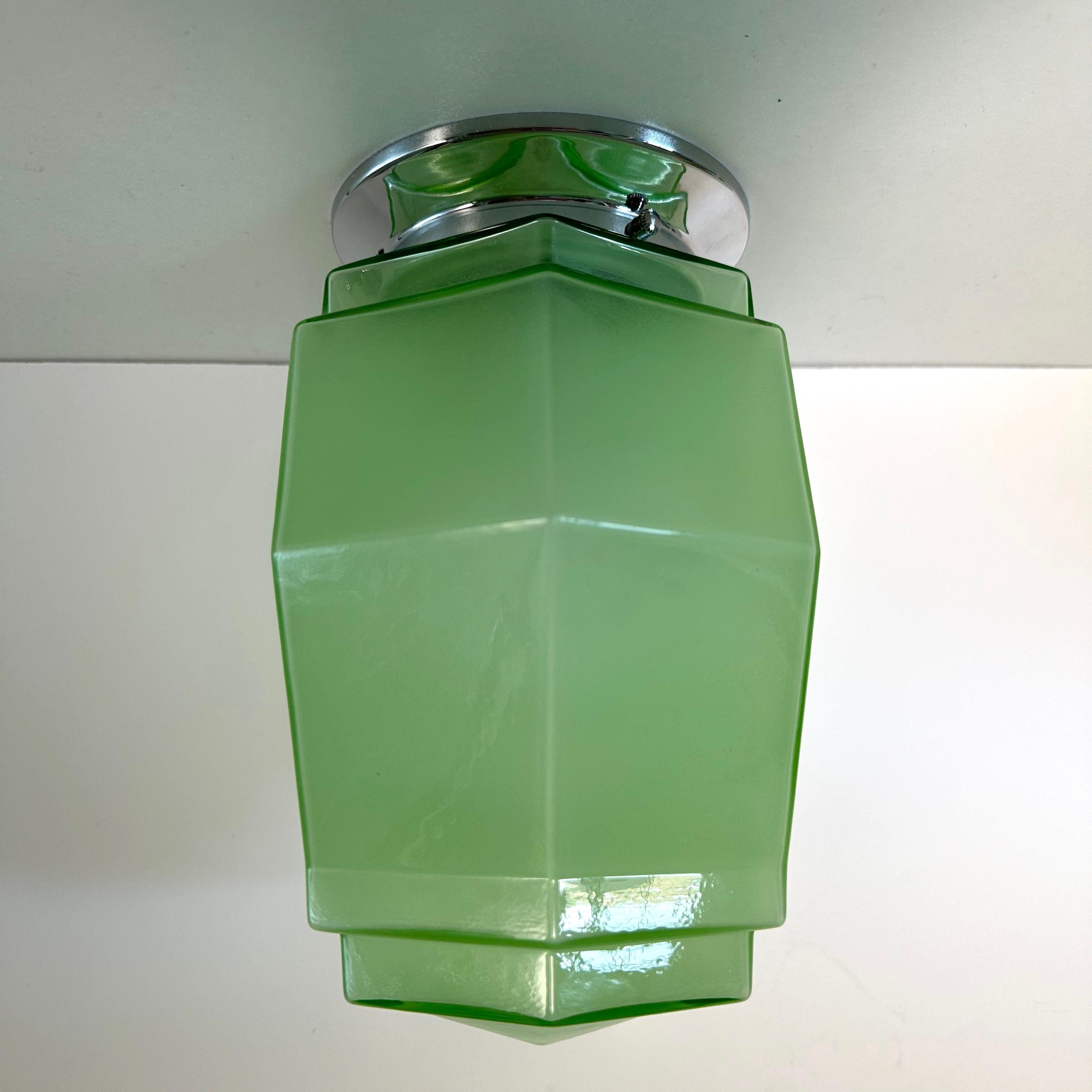 French Art Deco Modernist Green Geometric Molded Glass Flush Mount