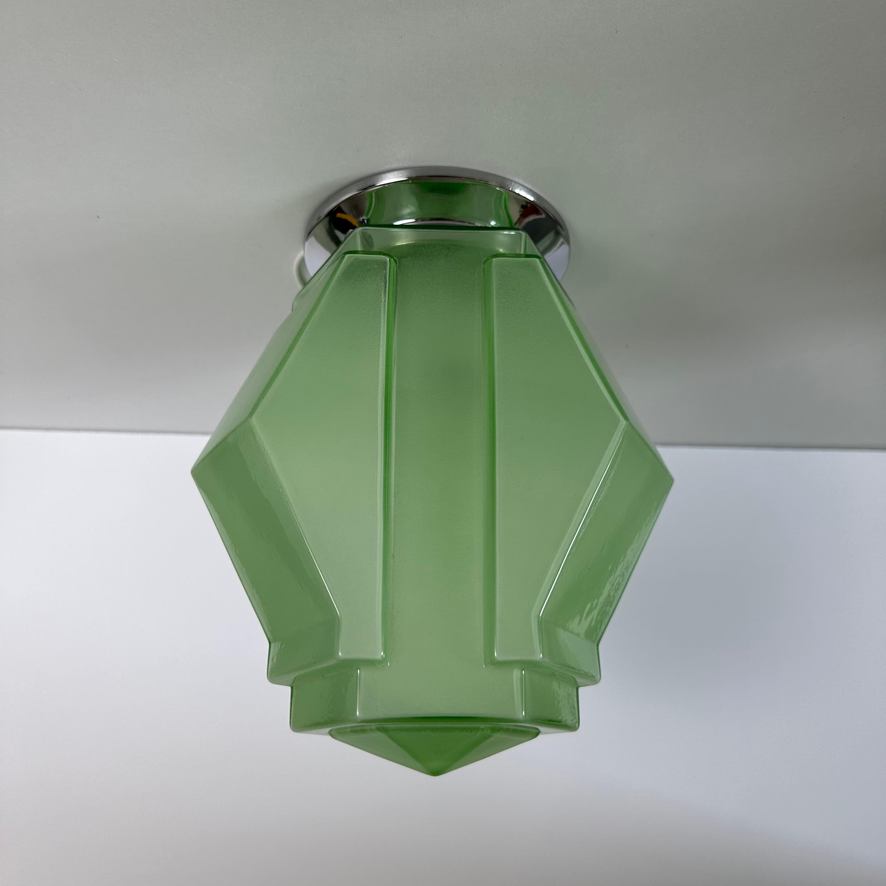 Art Deco Modernist Green Geometric Molded Glass Flush Mount In Good Condition In Amityville, NY