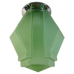 Art Deco Modernist Green Geometric Molded Glass Flush Mount