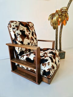 Art Deco Reclining Chair in Heal's, Oak Frame Cow Print Upholstery 1950s