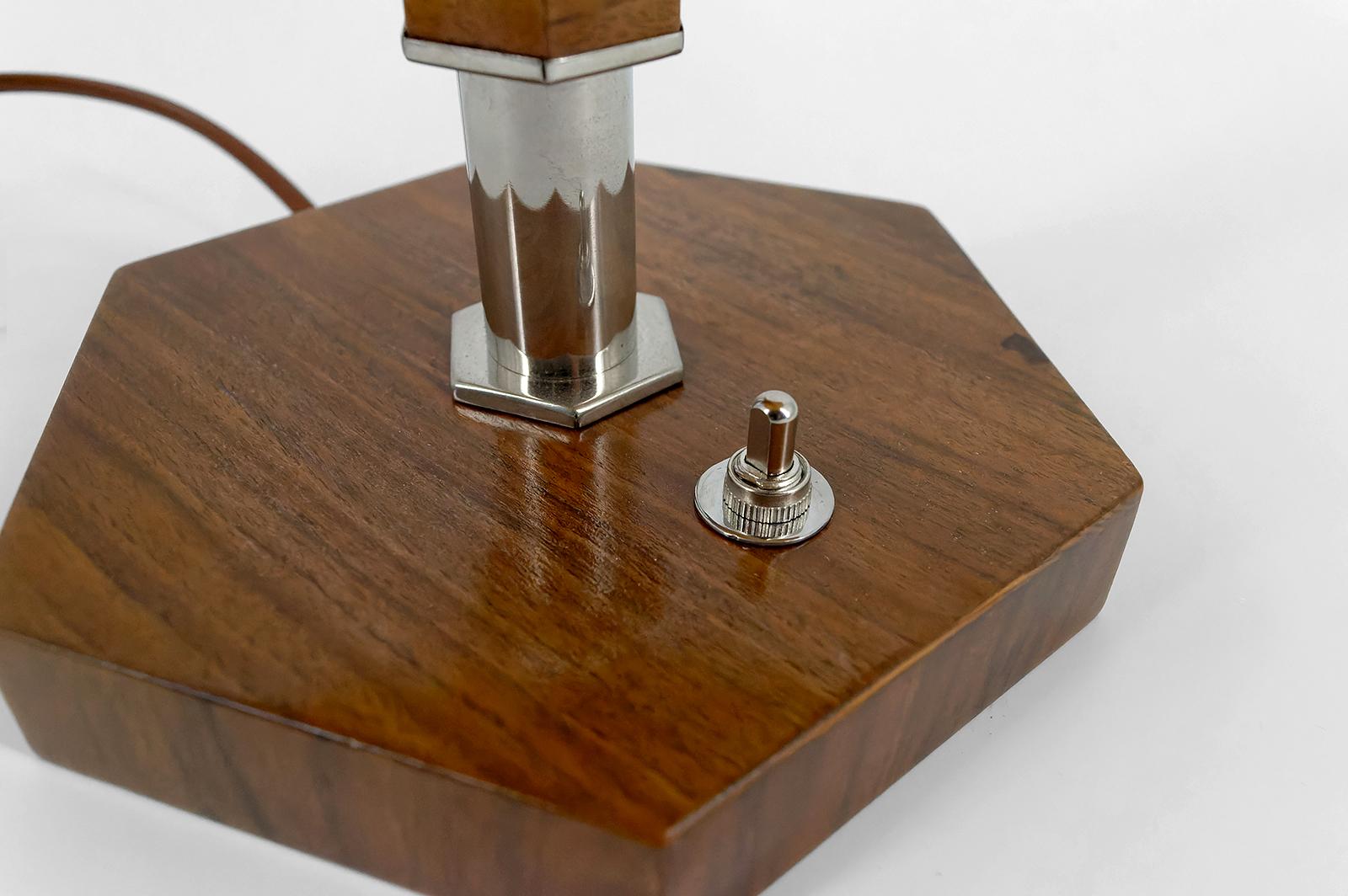Art Deco Modernist Lamp in Walnut, Chrome, and Two-tone Stained Glass, 1930's 5