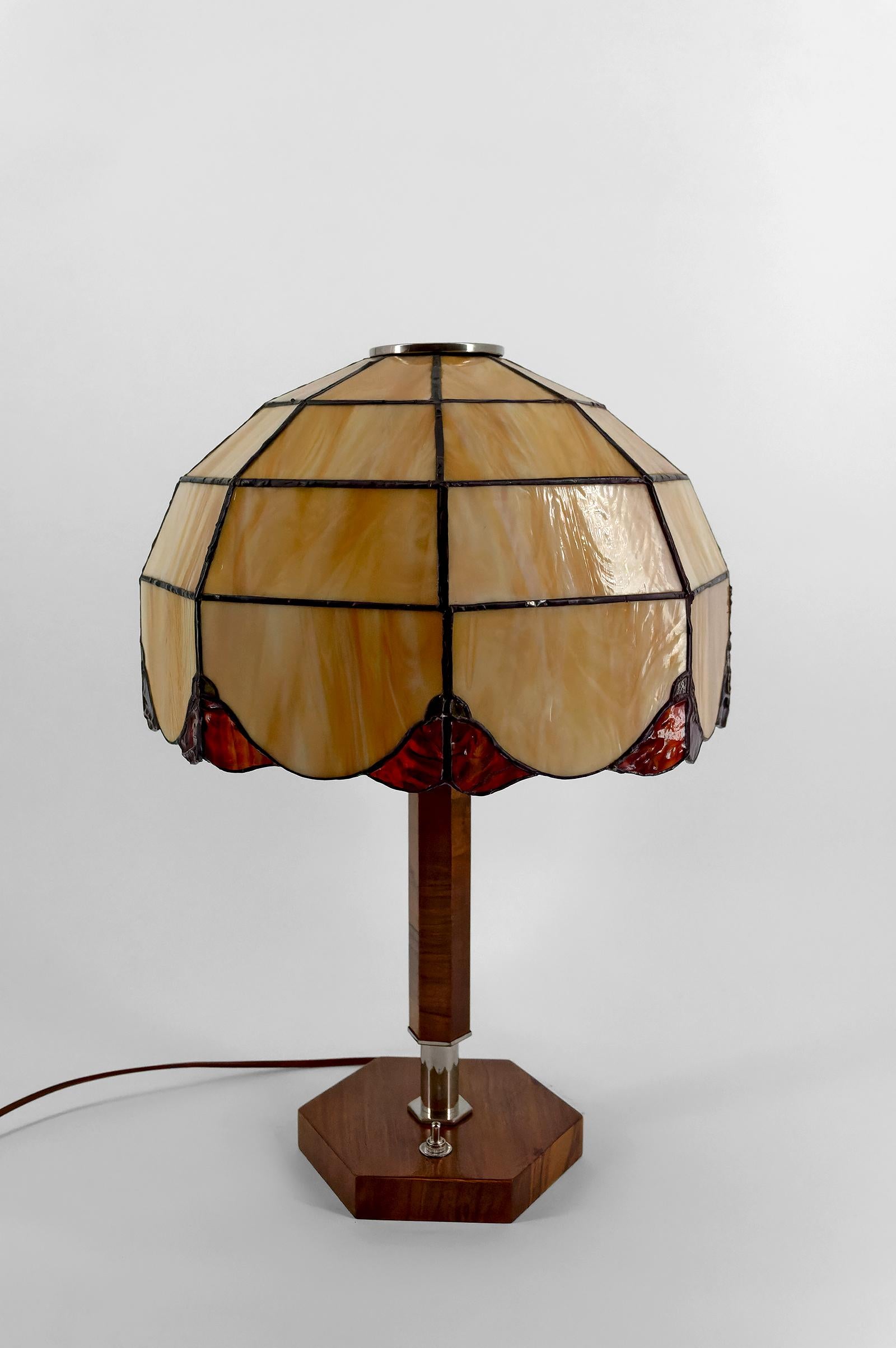 French Art Deco Modernist Lamp in Walnut, Chrome, and Two-tone Stained Glass, 1930's