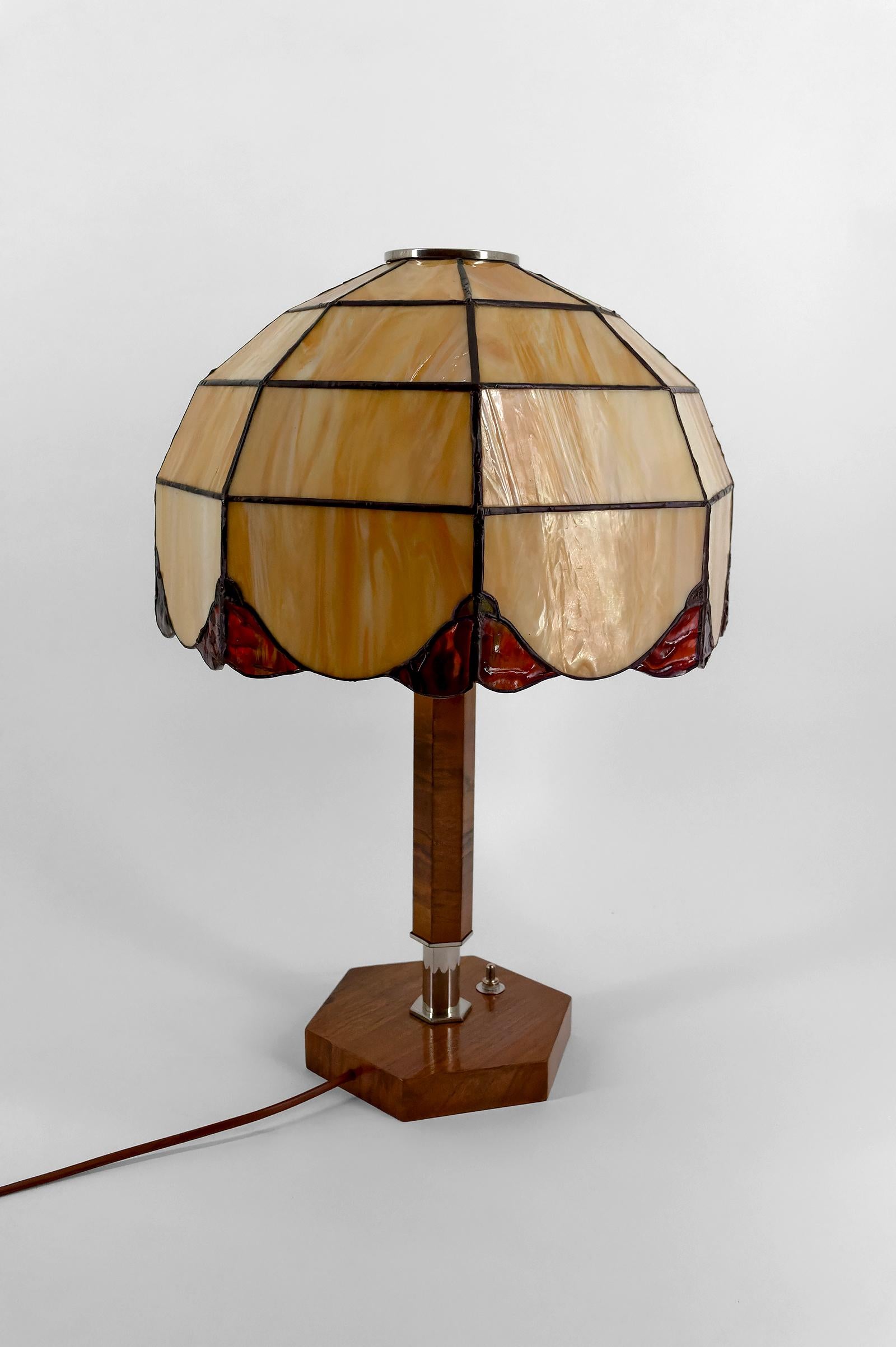 Hand-Carved Art Deco Modernist Lamp in Walnut, Chrome, and Two-tone Stained Glass, 1930's