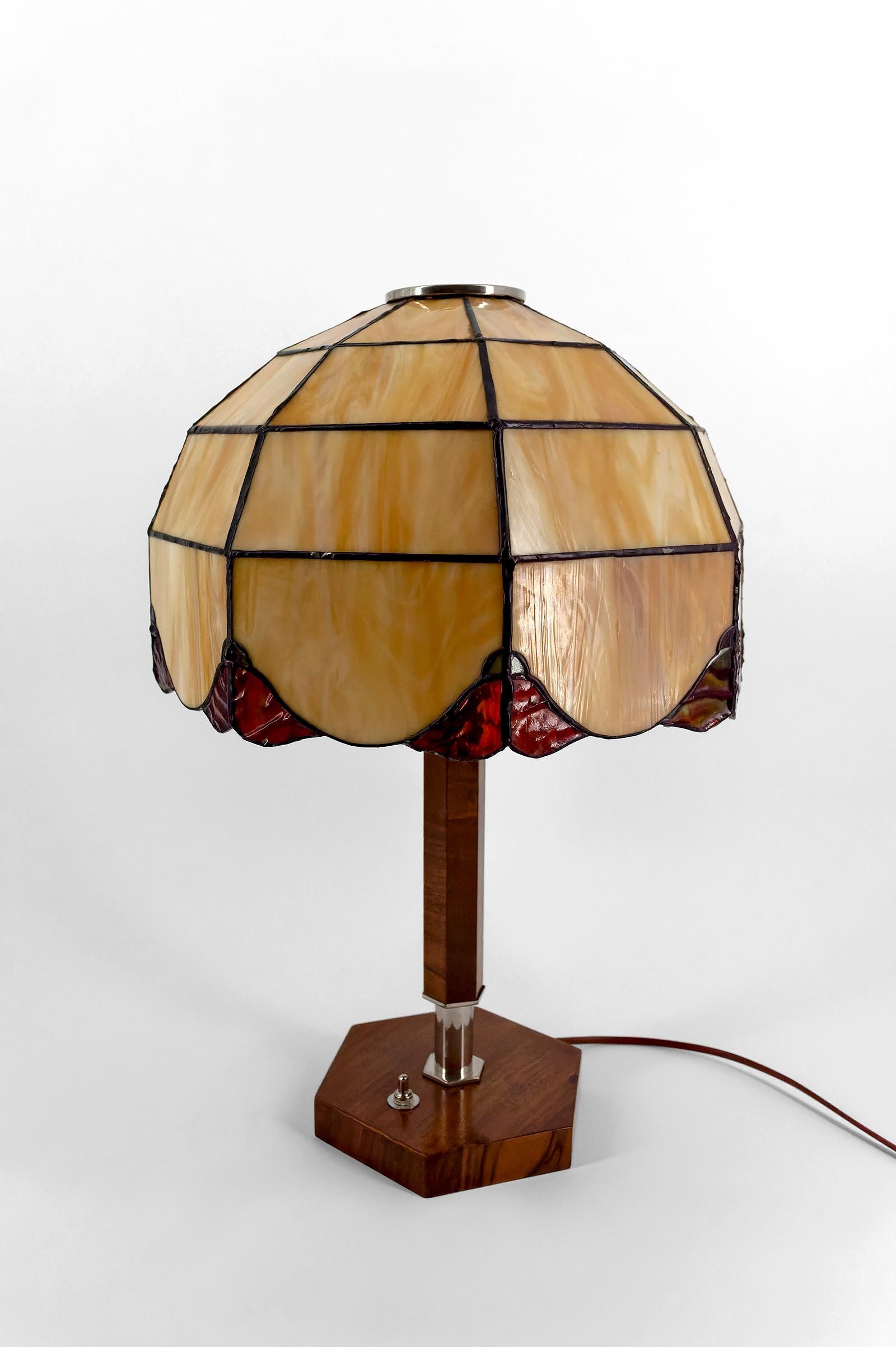 Mid-20th Century Art Deco Modernist Lamp in Walnut, Chrome, and Two-tone Stained Glass, 1930's