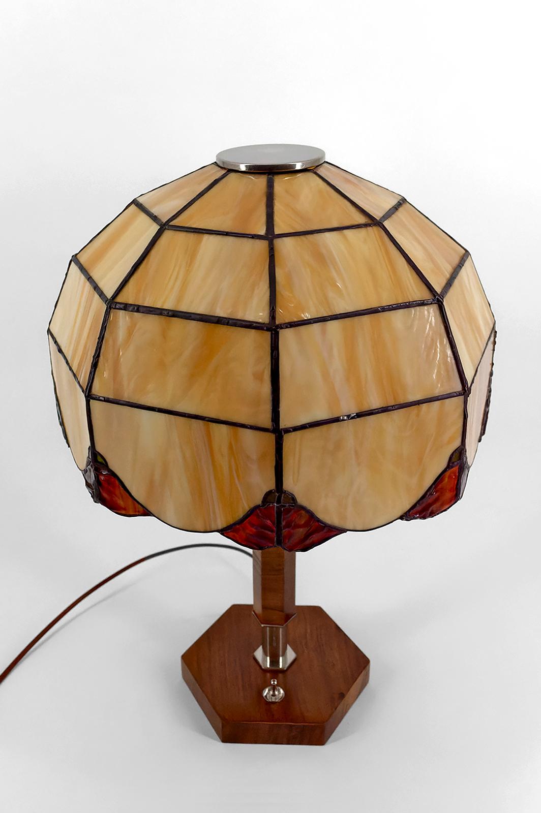 Metal Art Deco Modernist Lamp in Walnut, Chrome, and Two-tone Stained Glass, 1930's
