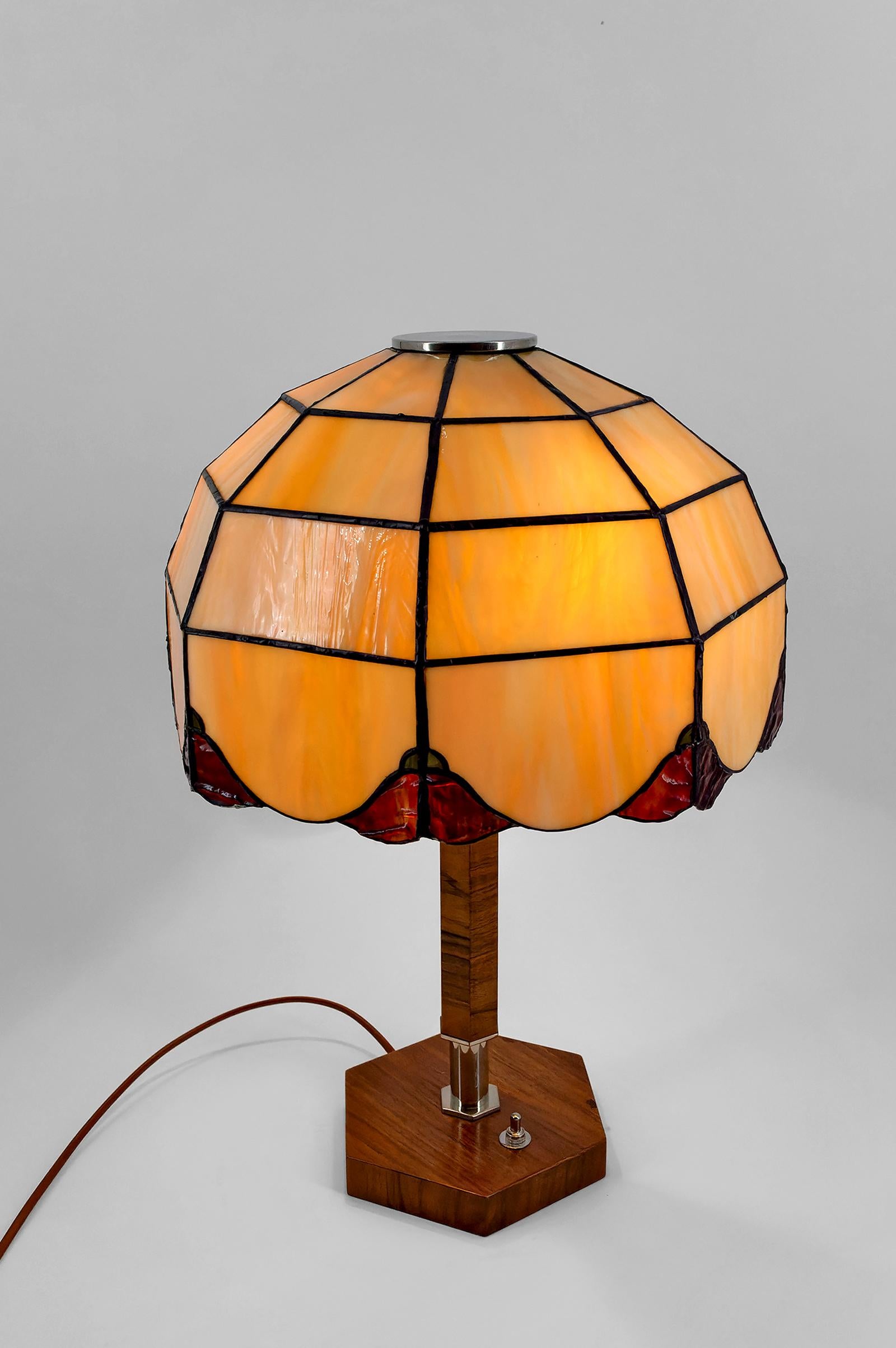 Art Deco Modernist Lamp in Walnut, Chrome, and Two-tone Stained Glass, 1930's 1