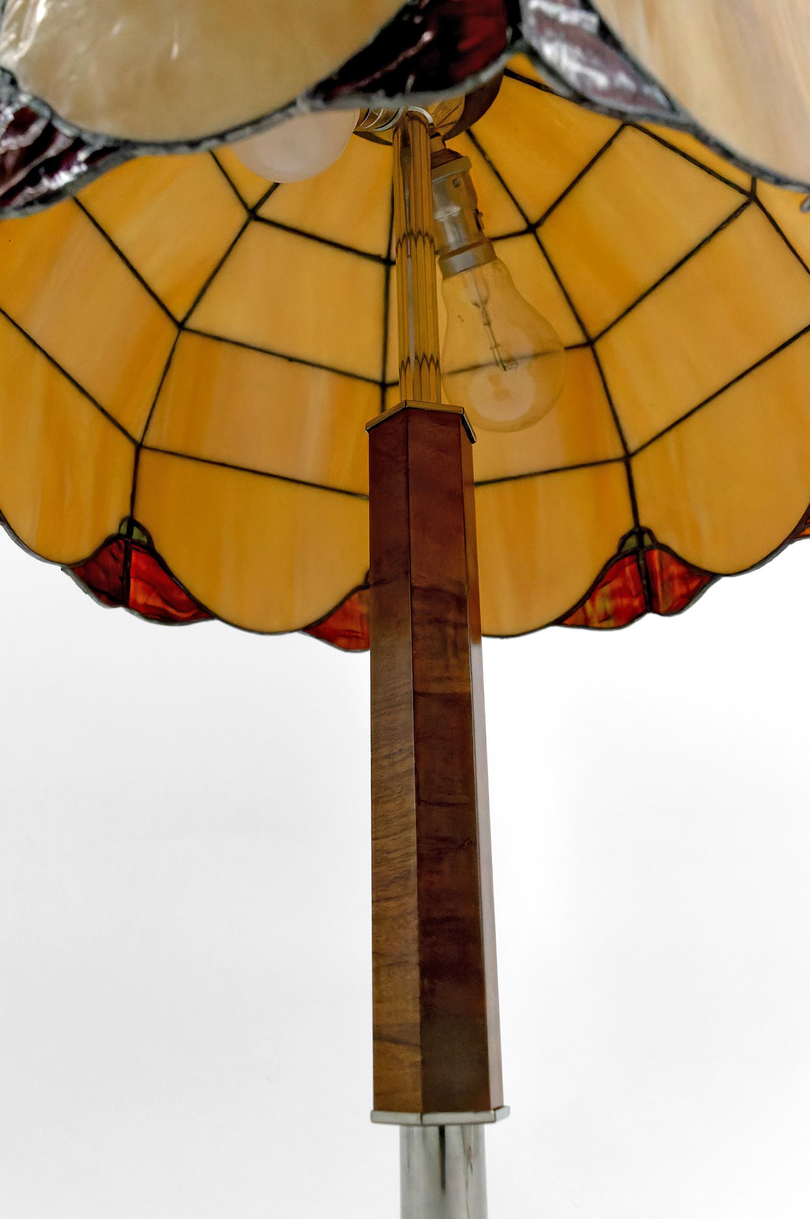 Art Deco Modernist Lamp in Walnut, Chrome, and Two-tone Stained Glass, 1930's 2
