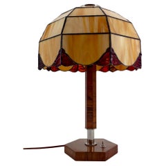Art Deco Modernist Lamp in Walnut, Chrome, and Two-tone Stained Glass, 1930's