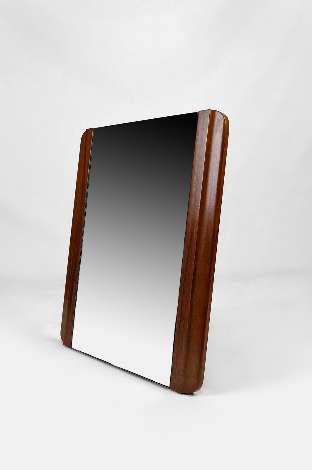 French Art Deco modernist mahogany mirror, France, circa 1930 For Sale
