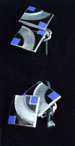 Art Deco Modernist Matching Pair of Enamel Gents Cufflinks, circa 1930