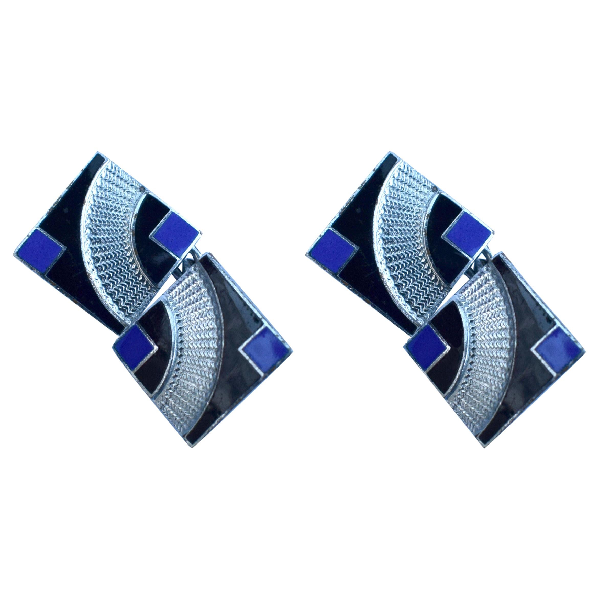 Art Deco Modernist Matching Pair of Enamel Gents Cufflinks, circa 1930 For Sale