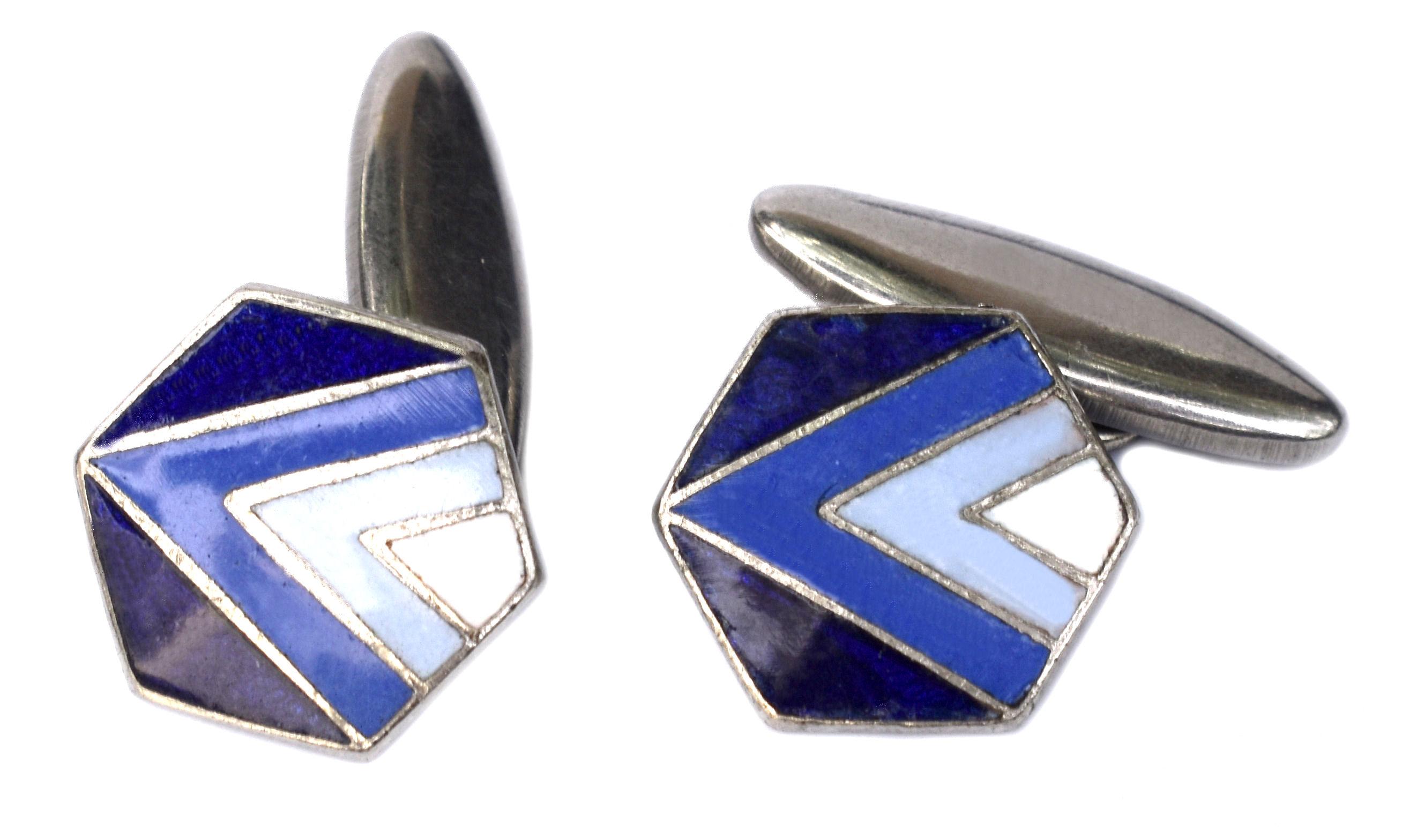 Extremely stylish and quite rare are these matching pair of English 1930's Art Deco modernist Enamel & Guilloch gentlemen's cufflinks. Fabulous geometric patterning and colour. Vivid blues in three shades and white enamelling make the perfect and