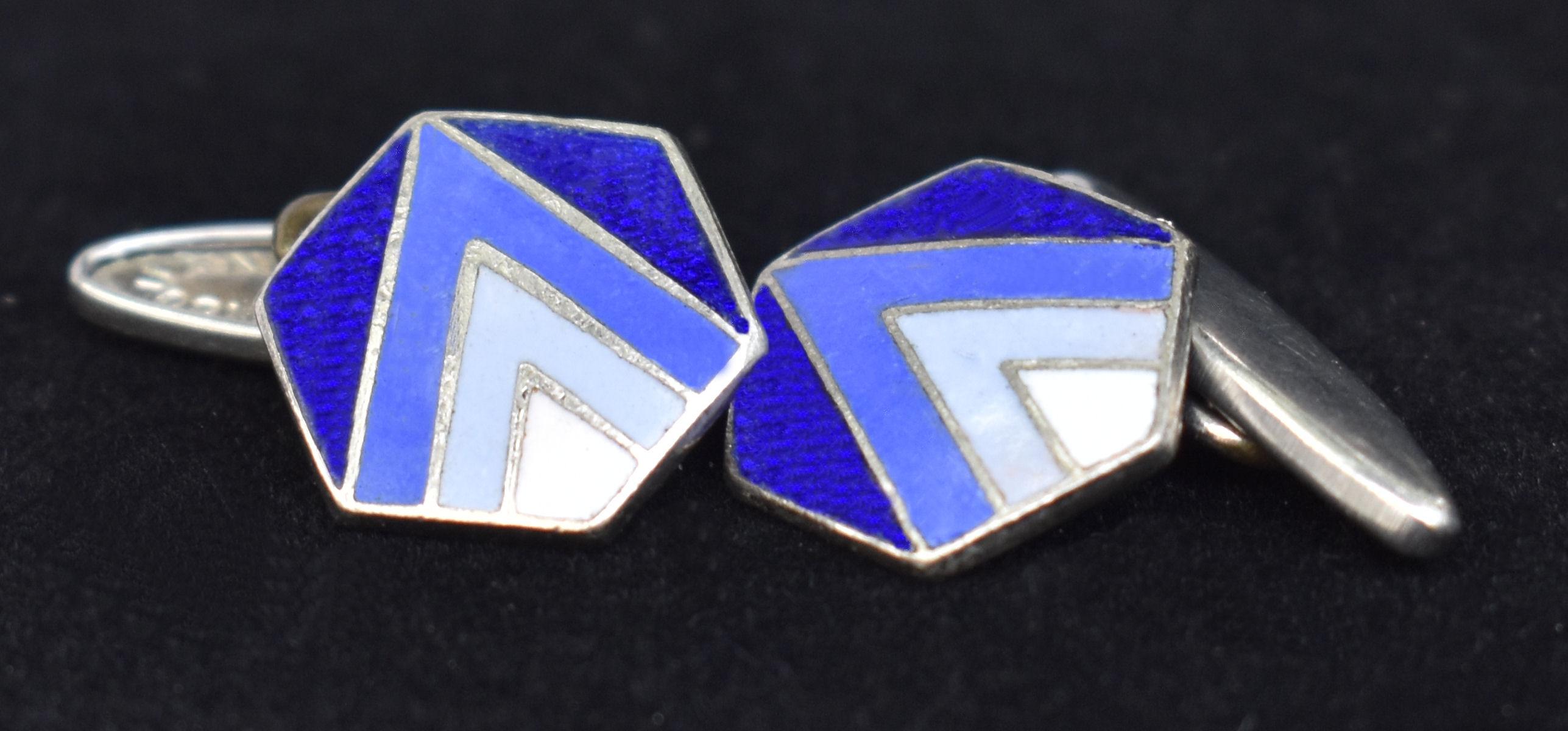 Art Deco Modernist Matching Pair of Enamel & Guilloch Gents Cufflinks, c 1930 In Good Condition For Sale In Westward ho, GB