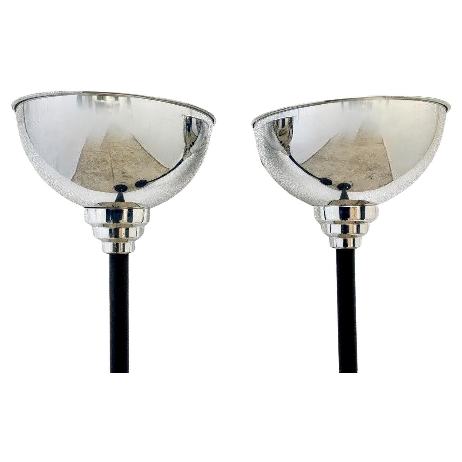 Super stylish very tall ( see dimensions ) Art Deco style matching pair of industrial modernist floor lamp up-lighters in blackened metal and chrome. A fabulously styled floor lamps with a stepped neck and bowl shaped hood. All totally authentic,