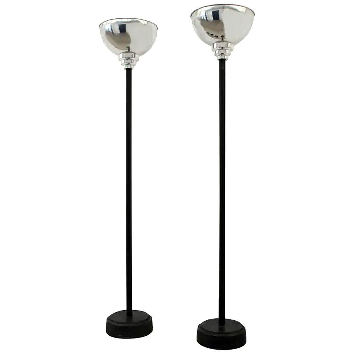 English Art Deco Modernist Matching Pair of Floor Lamp Uplighters For Sale