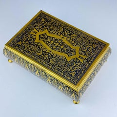 Art Deco Modernist Metal Brass Jewelry Cigar Box Humidor Etched Lacquered