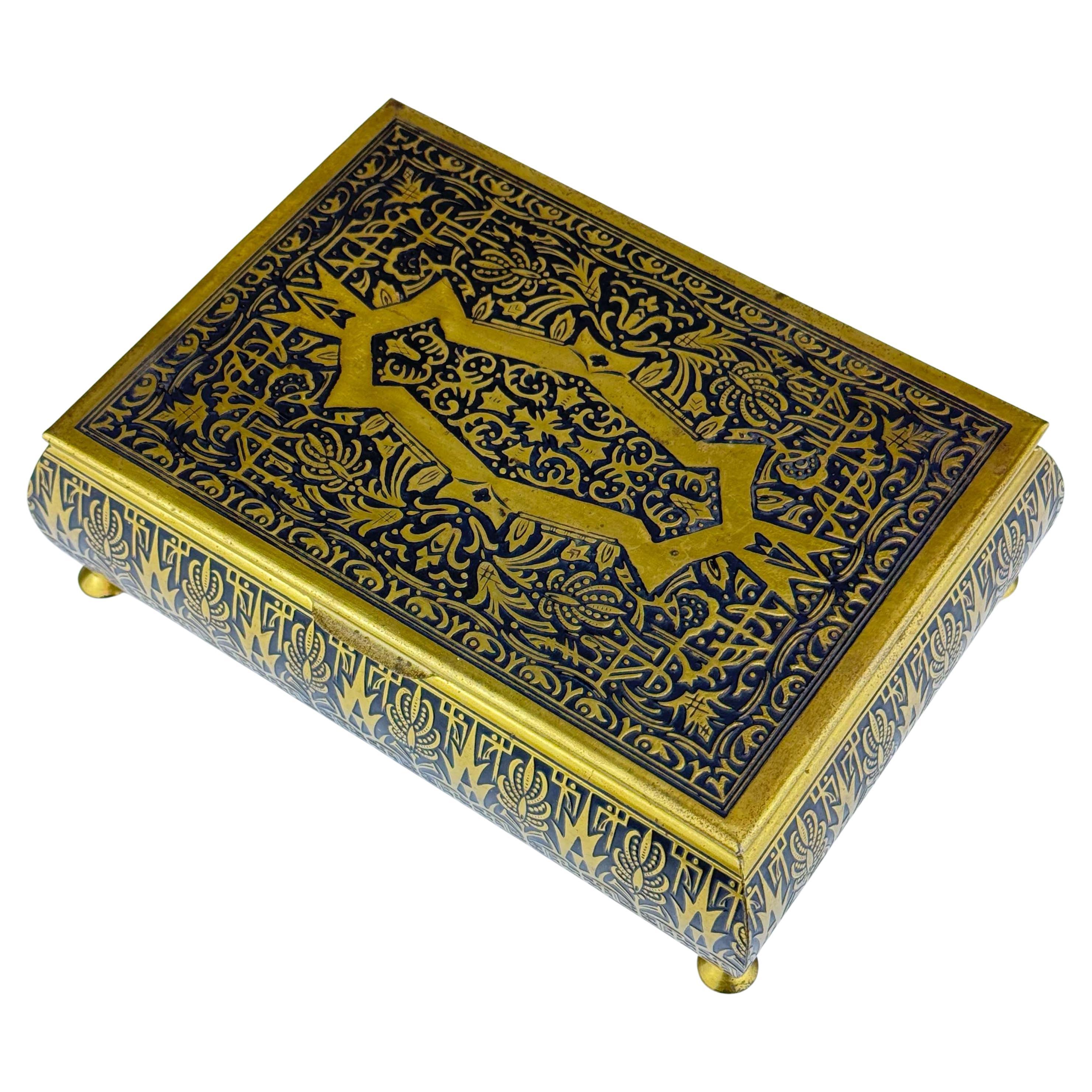 Art Deco Modernist Metal Brass Jewelry Cigar Box Humidor Etched Lacquered For Sale