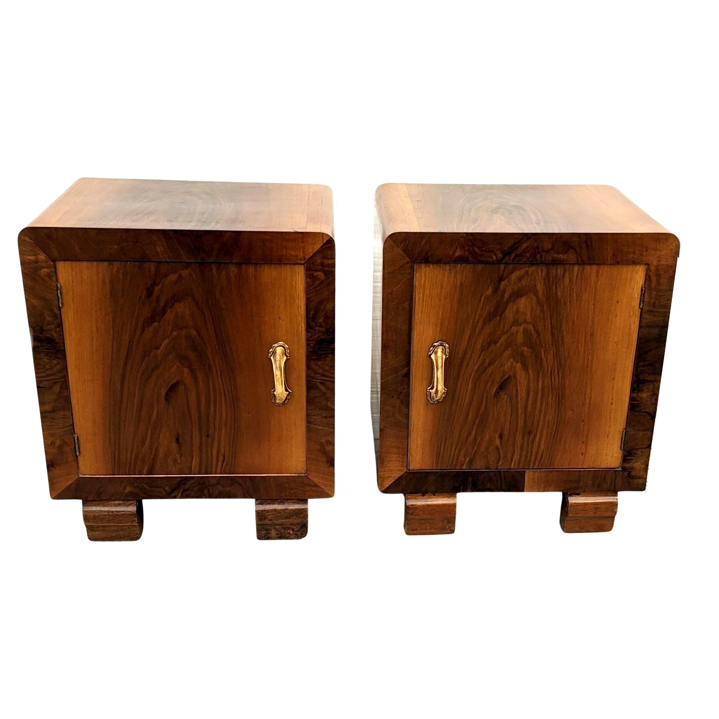 A rare opportunity to acquire high styled and totally original Art Deco bedside tables. Originating from Italy and dating to the early 1930's they fill both the highly desired shape of Art Deco at its best and sort after the luscious veneers of