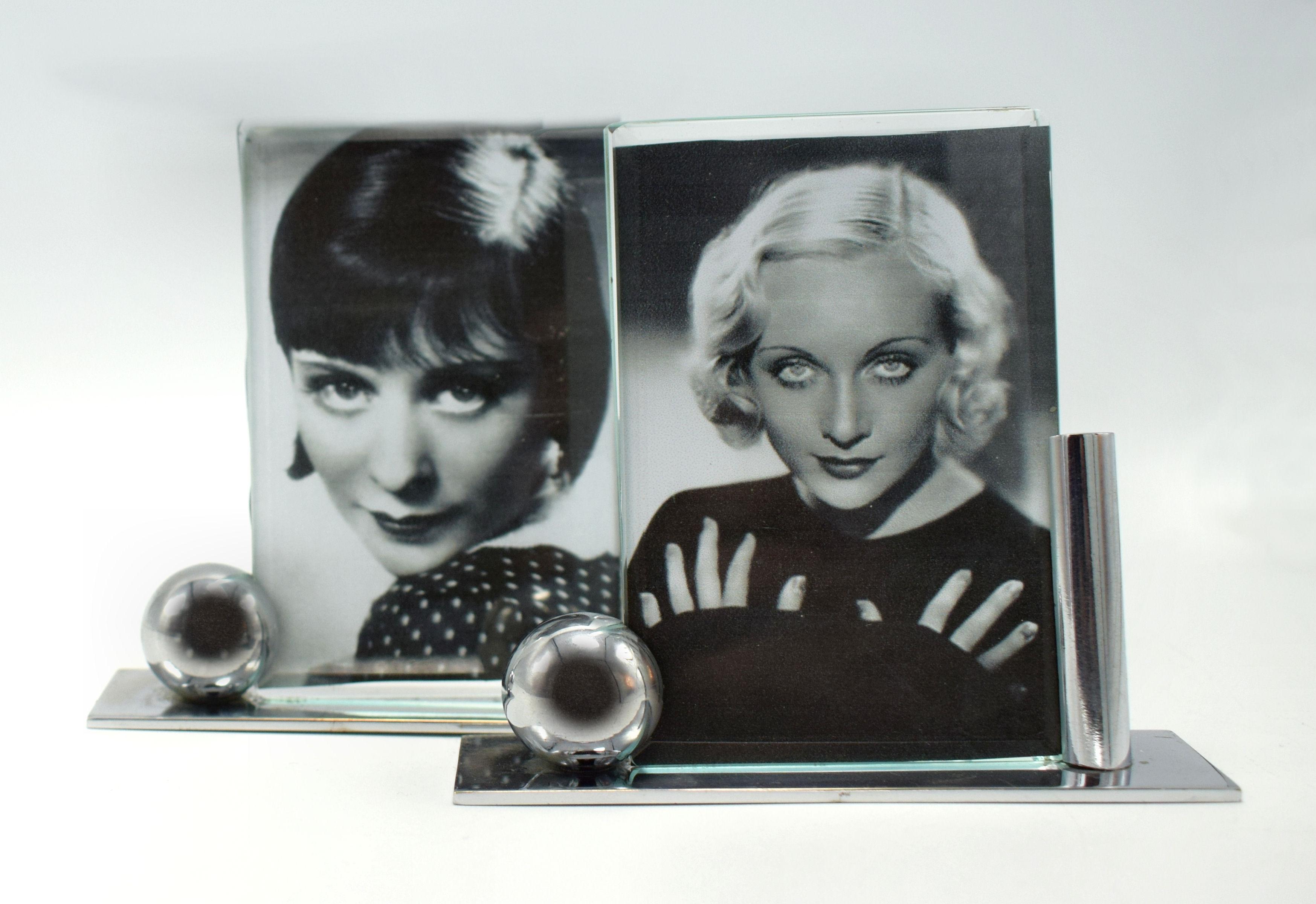 Glass Art Deco Modernist Pair of Matching Chrome Picture Frames, circa 1930s