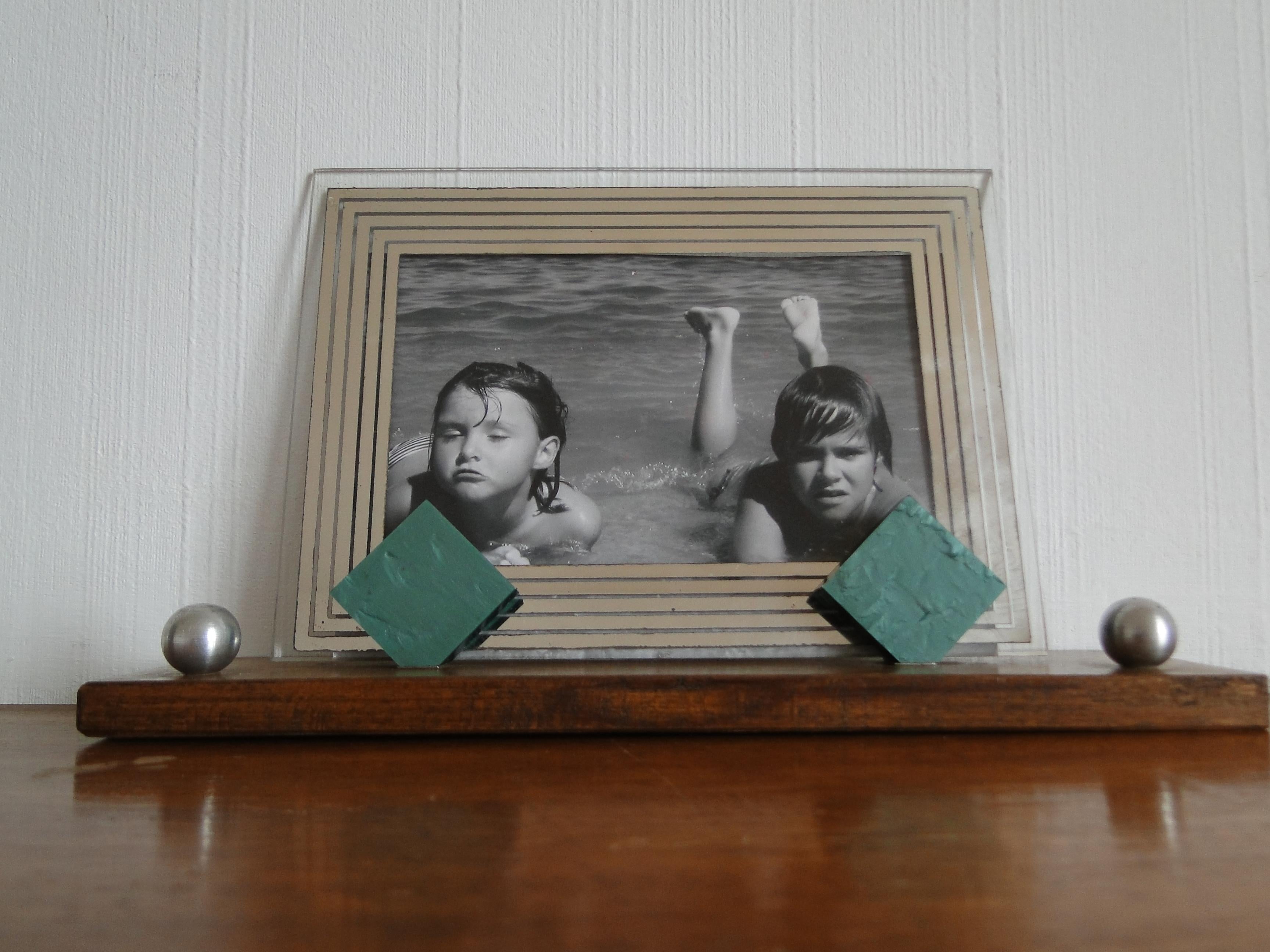 French Art Deco Modernist Picture Photo Frame Wood, Bakelite and Chrome Ball Accents For Sale