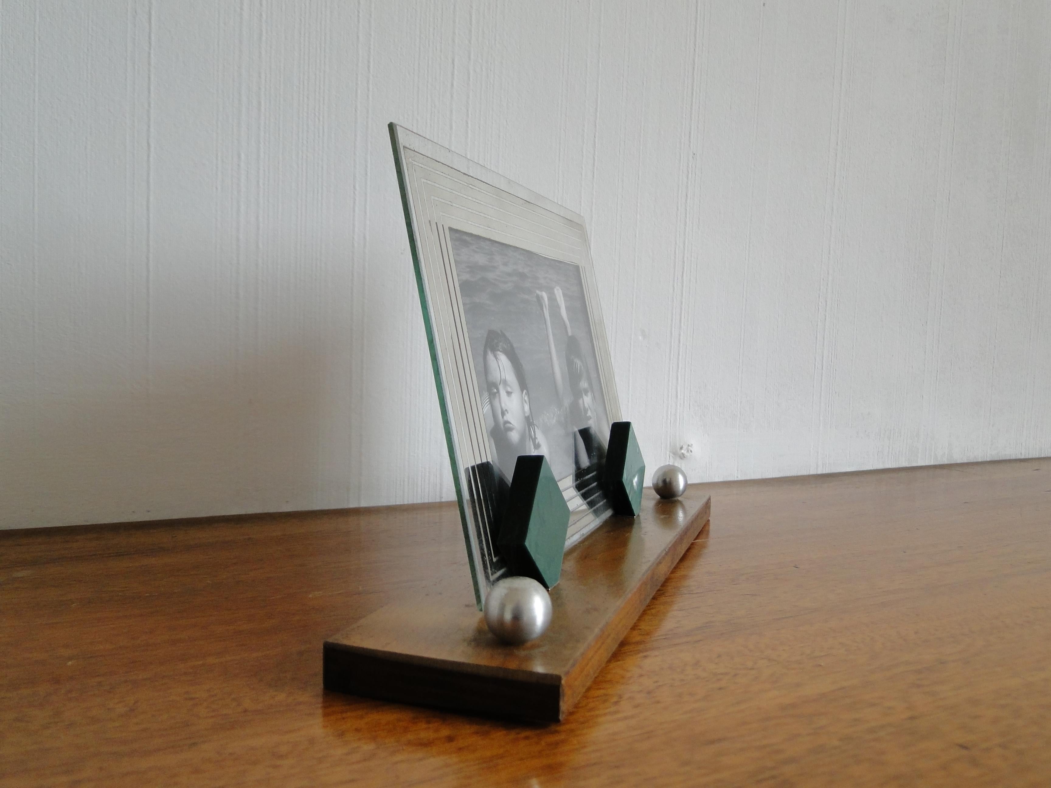 Glass Art Deco Modernist Picture Photo Frame Wood, Bakelite and Chrome Ball Accents For Sale