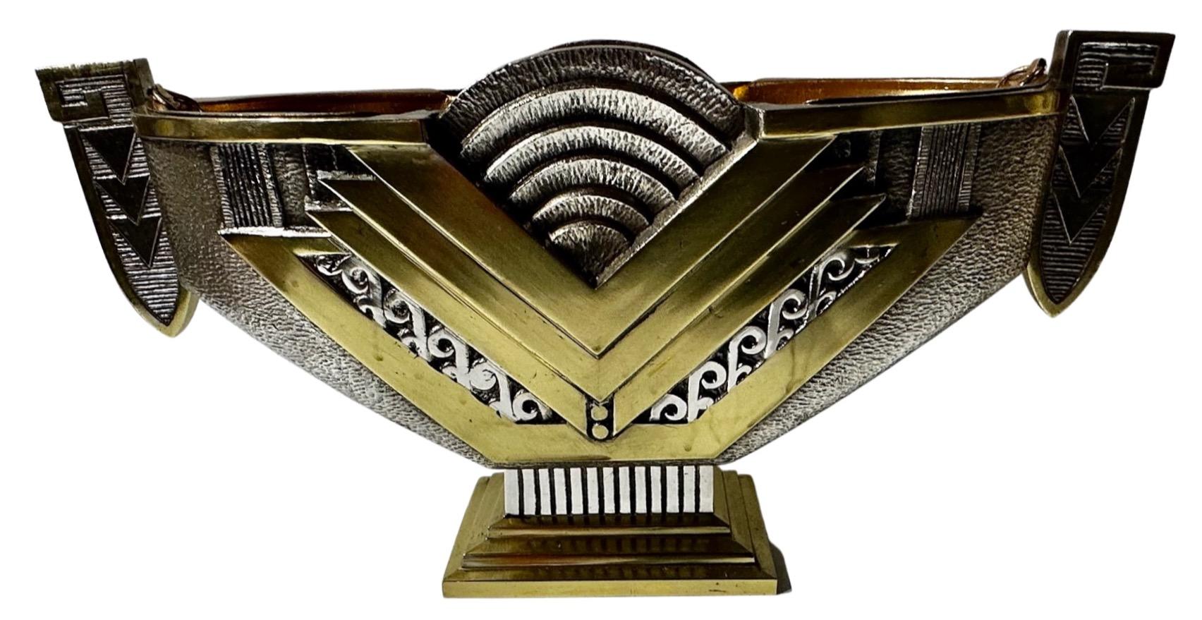 Art Deco Modernist Silver and Brass Jardiniere Three Piece Set For Sale 8