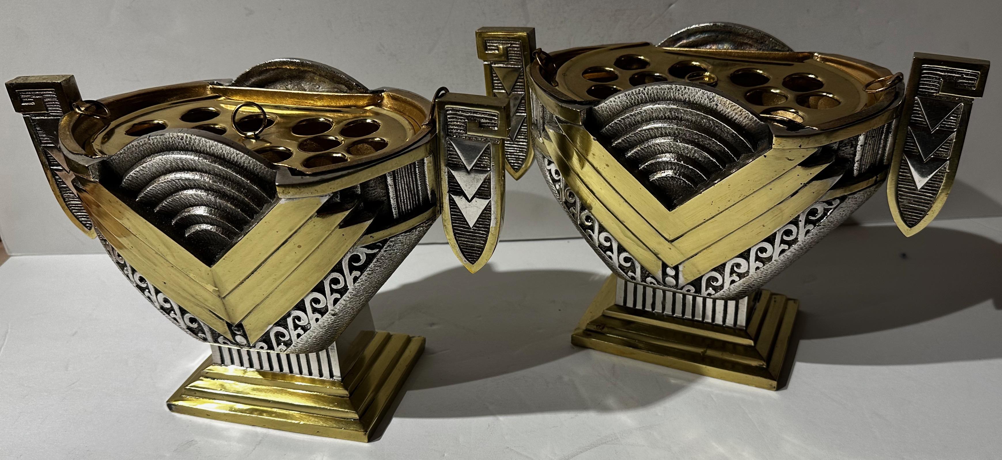 Art Deco Modernist Silver and Brass Jardiniere Three Piece Set For Sale 11