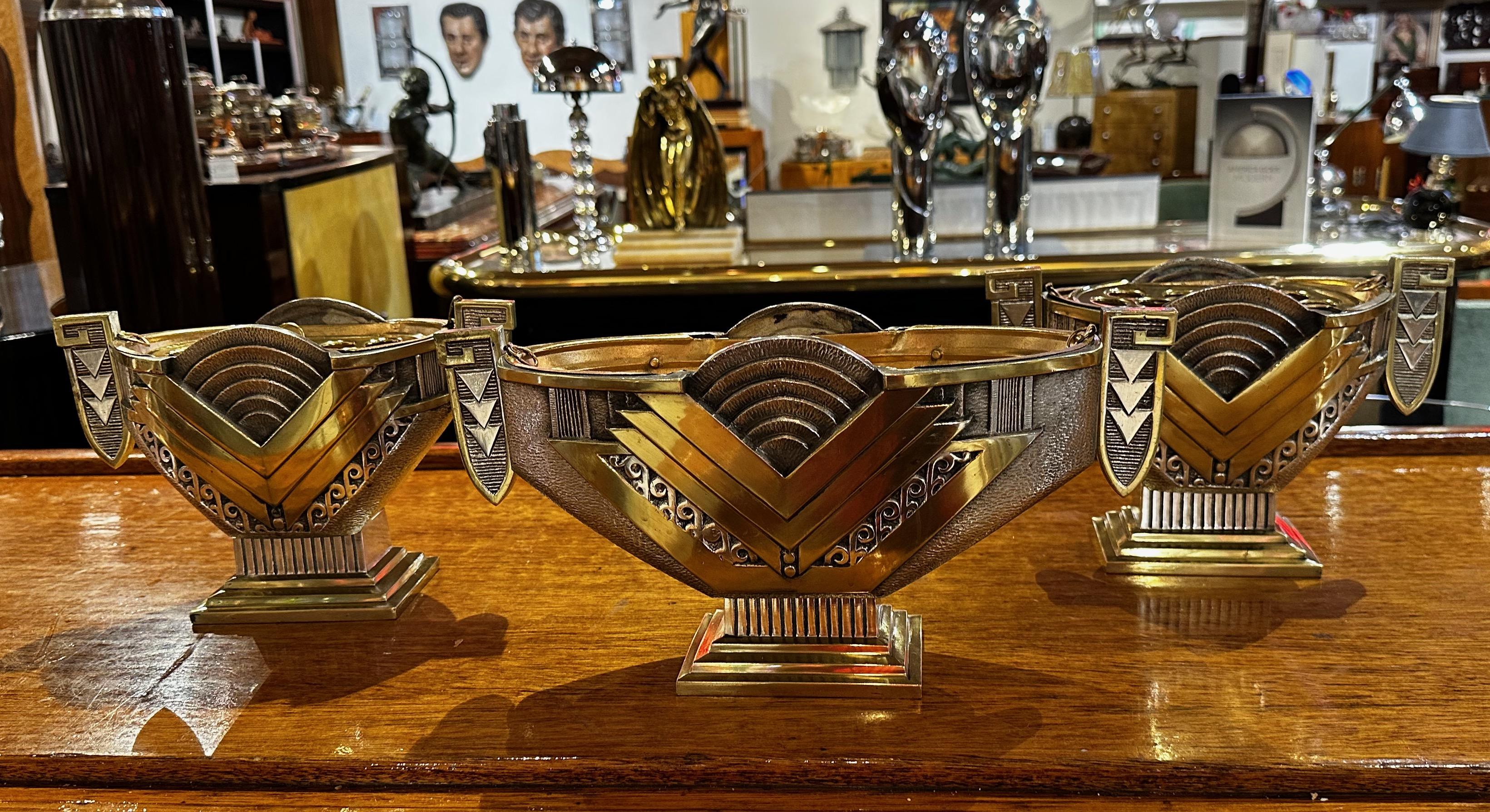 Argentine Art Deco Modernist Silver and Brass Jardiniere Three Piece Set For Sale