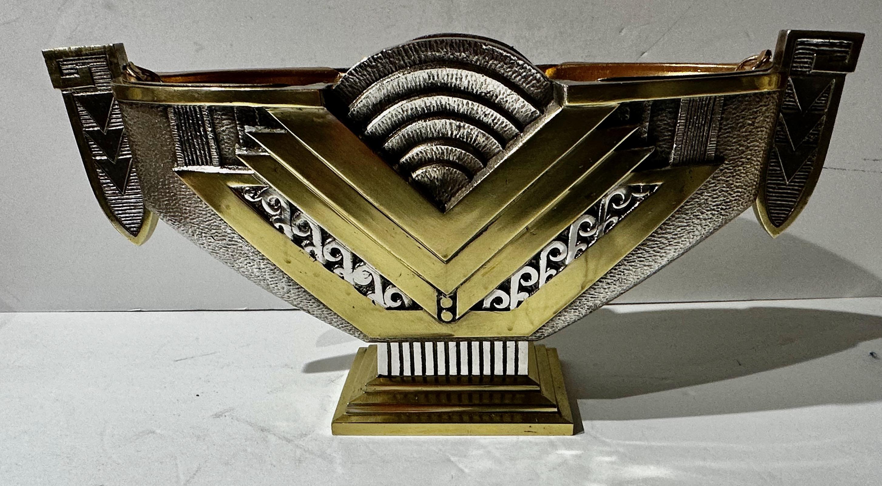Mid-20th Century Art Deco Modernist Silver and Brass Jardiniere Three Piece Set For Sale