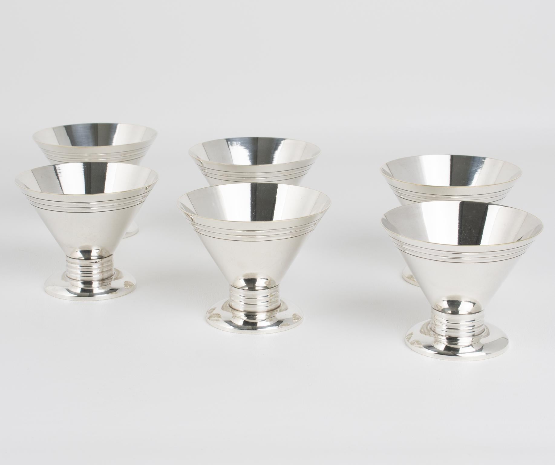 French Art Deco Modernist Silver Plate Cocktail Cordial Cups or Shot Glasses Set of 6