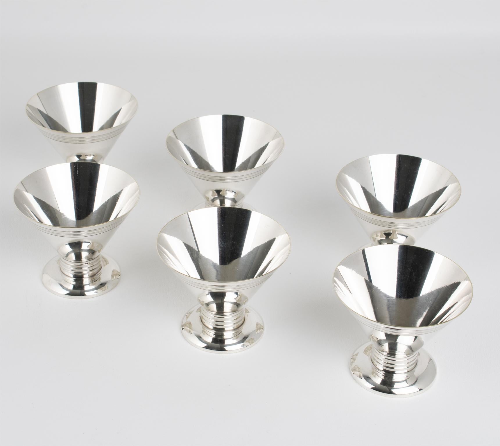 Art Deco Modernist Silver Plate Cocktail Cordial Cups or Shot Glasses Set of 6 In Good Condition In Atlanta, GA