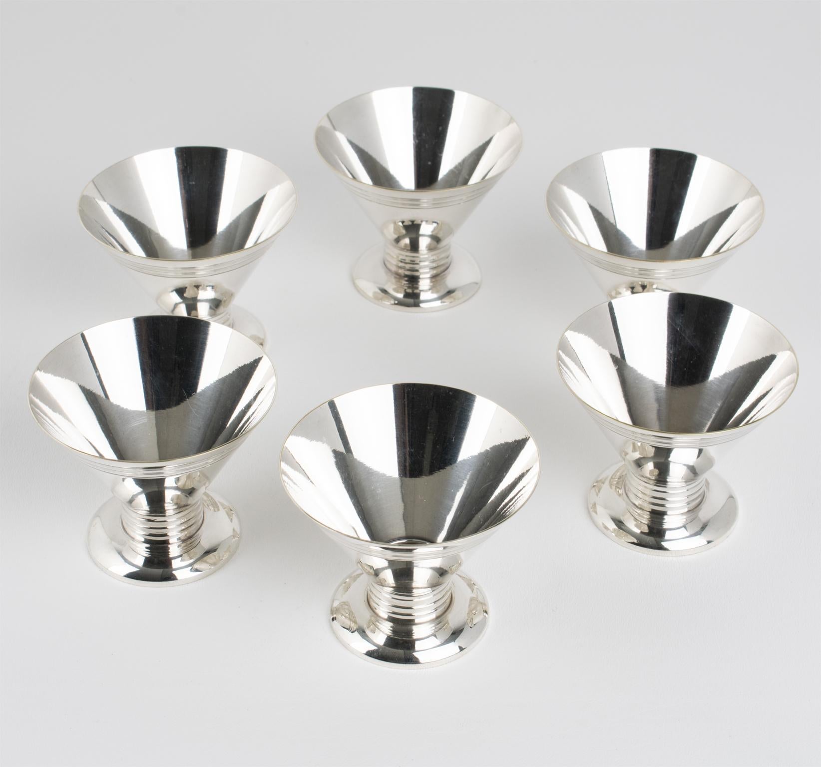 Mid-20th Century Art Deco Modernist Silver Plate Cocktail Cordial Cups or Shot Glasses Set of 6