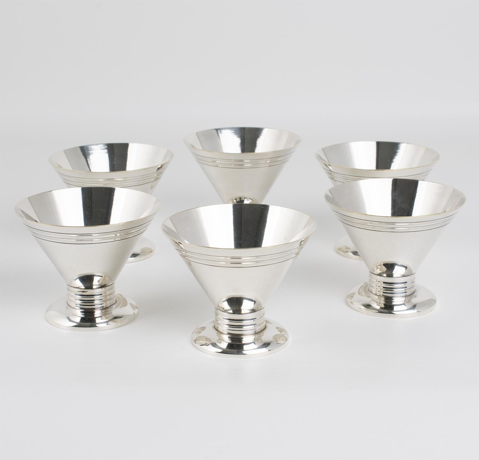 Metal Art Deco Modernist Silver Plate Cocktail Cordial Cups or Shot Glasses Set of 6