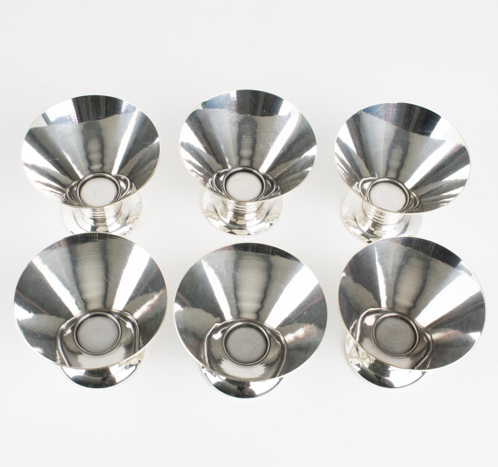Art Deco Modernist Silver Plate Cocktail Cordial Cups or Shot Glasses Set of 6 1