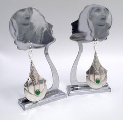 Art Deco Modernist Silver Plated and Green Glass Earrings, circa 1930