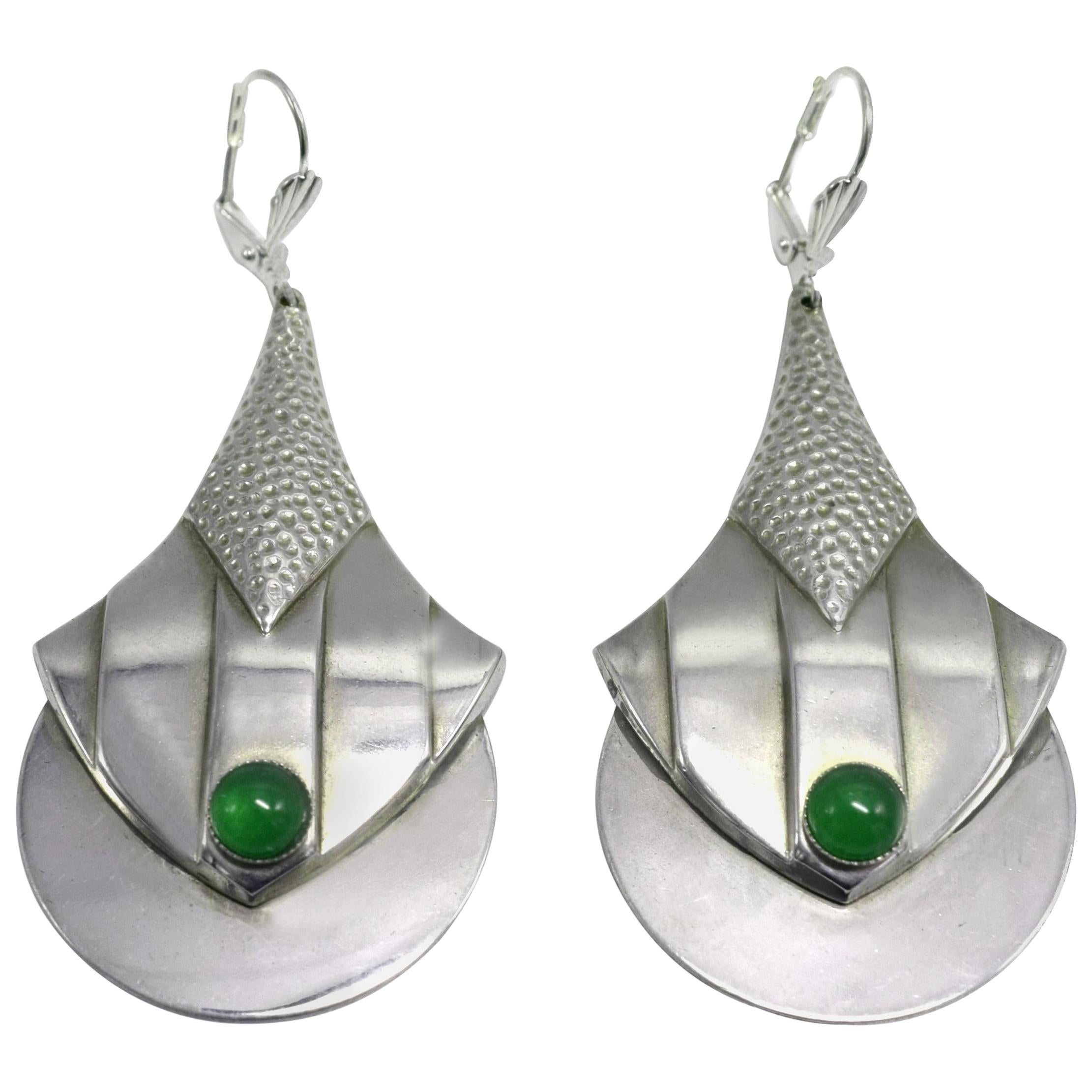 Art Deco Modernist Silver Plated and Green Glass Earrings, circa 1930