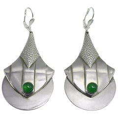 Art Deco Modernist Silver Plated and Green Glass Earrings, circa 1930