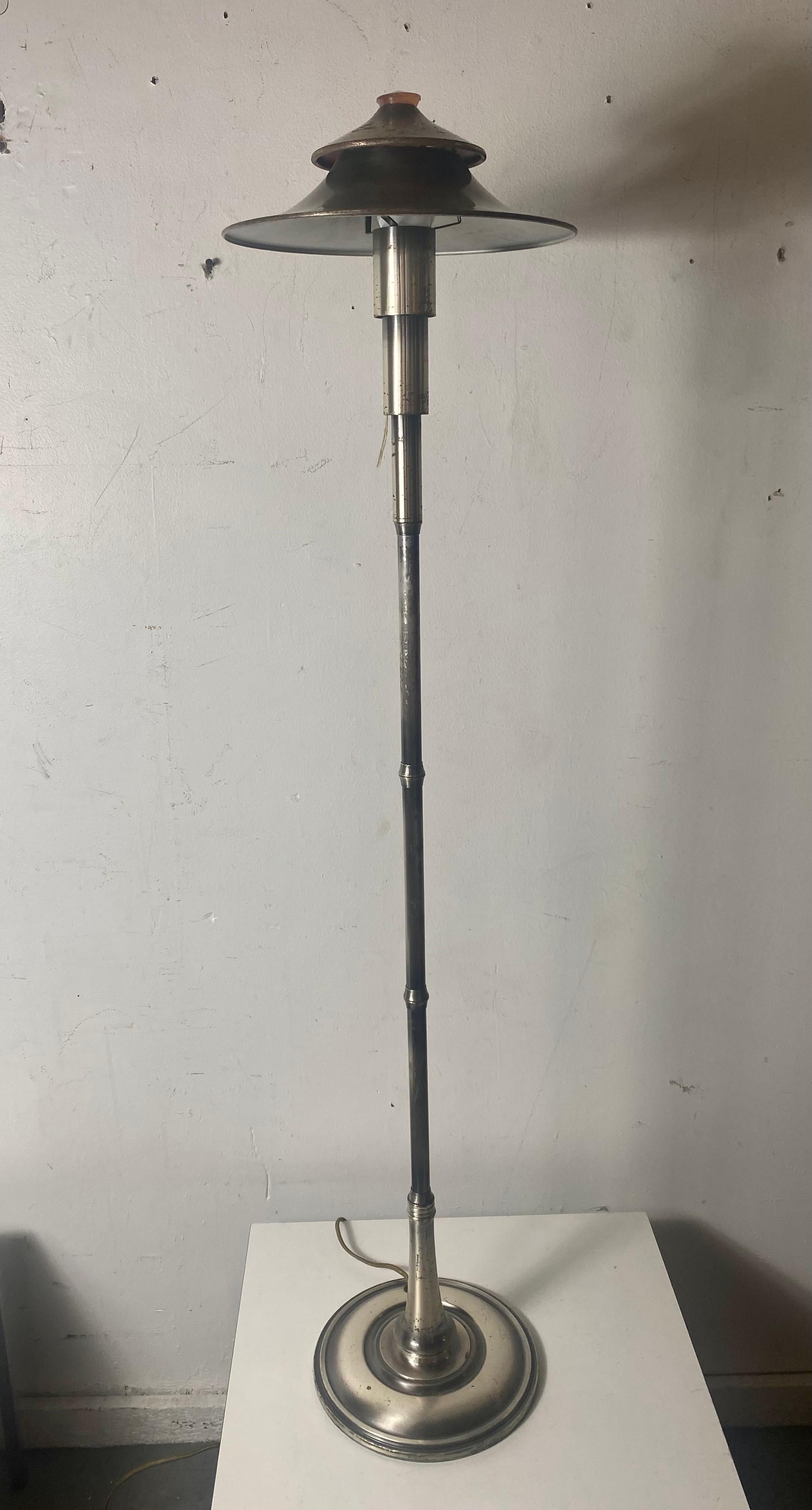 Art Deco Modernist table or floor lamp by Leroy C. Doane for Miller. Extremely rare version. Three standards witch allow lamp to convert from table lamp to floor lamp. Ingenious design, electric conducted by connecting standards, measuring 26